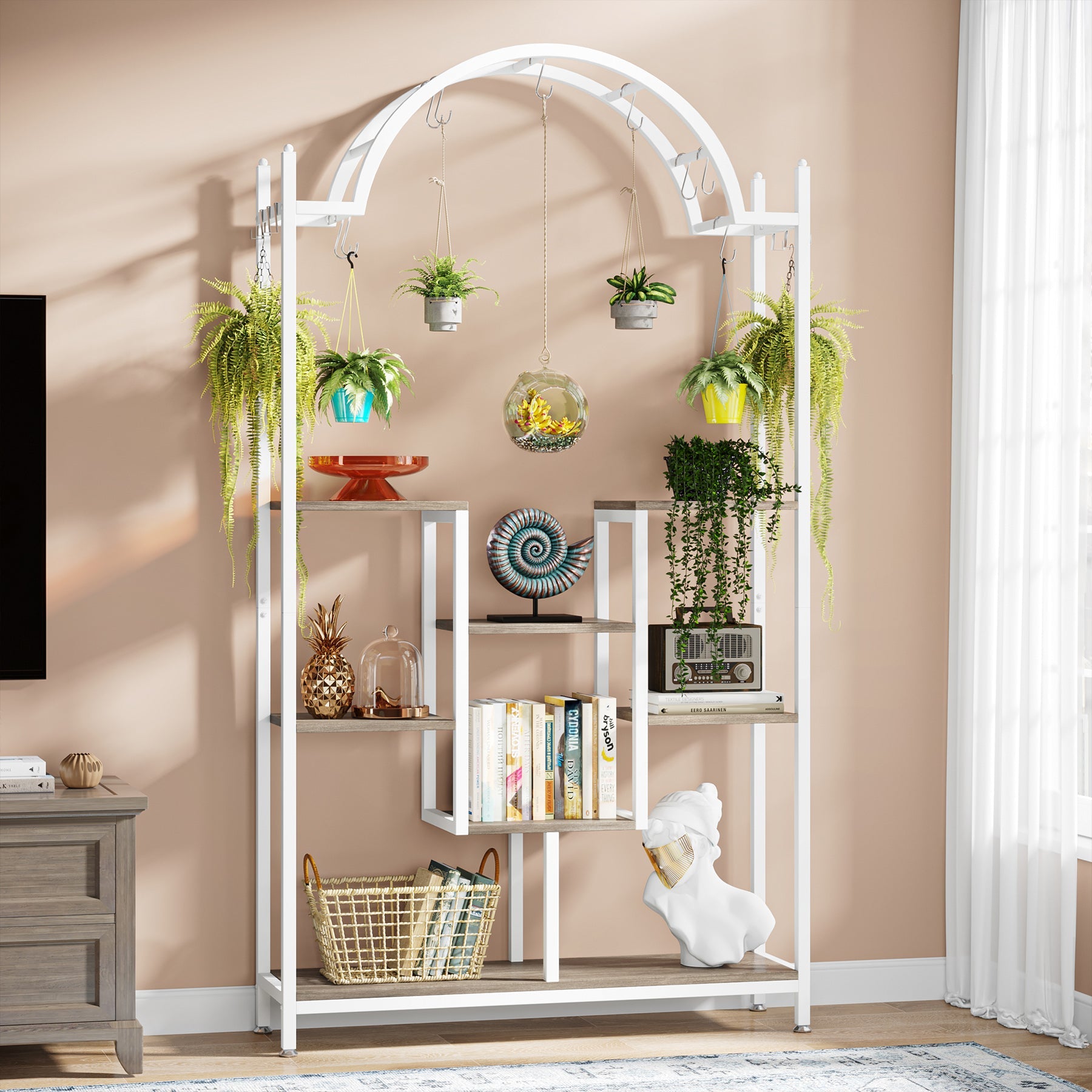 Tribesigns Soporte para plantas de interior de 5 niveles, Estante de metal para plantas con 8 ganchos en forma de S