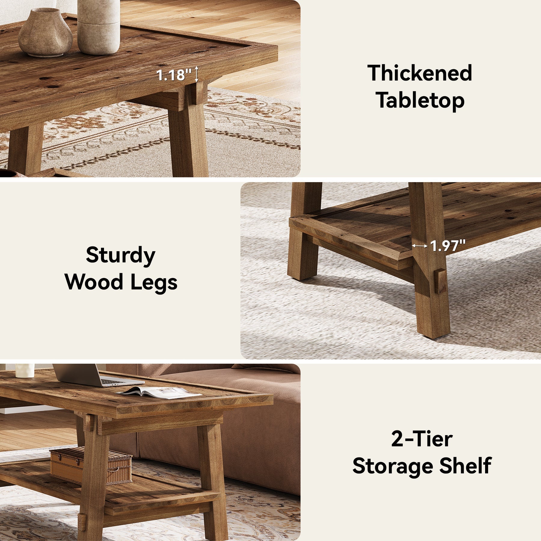 Tribesigns Mesa de centro de madera maciza 120 cm, Mesa de salón rectangular de estilo rústico con 2 estantes