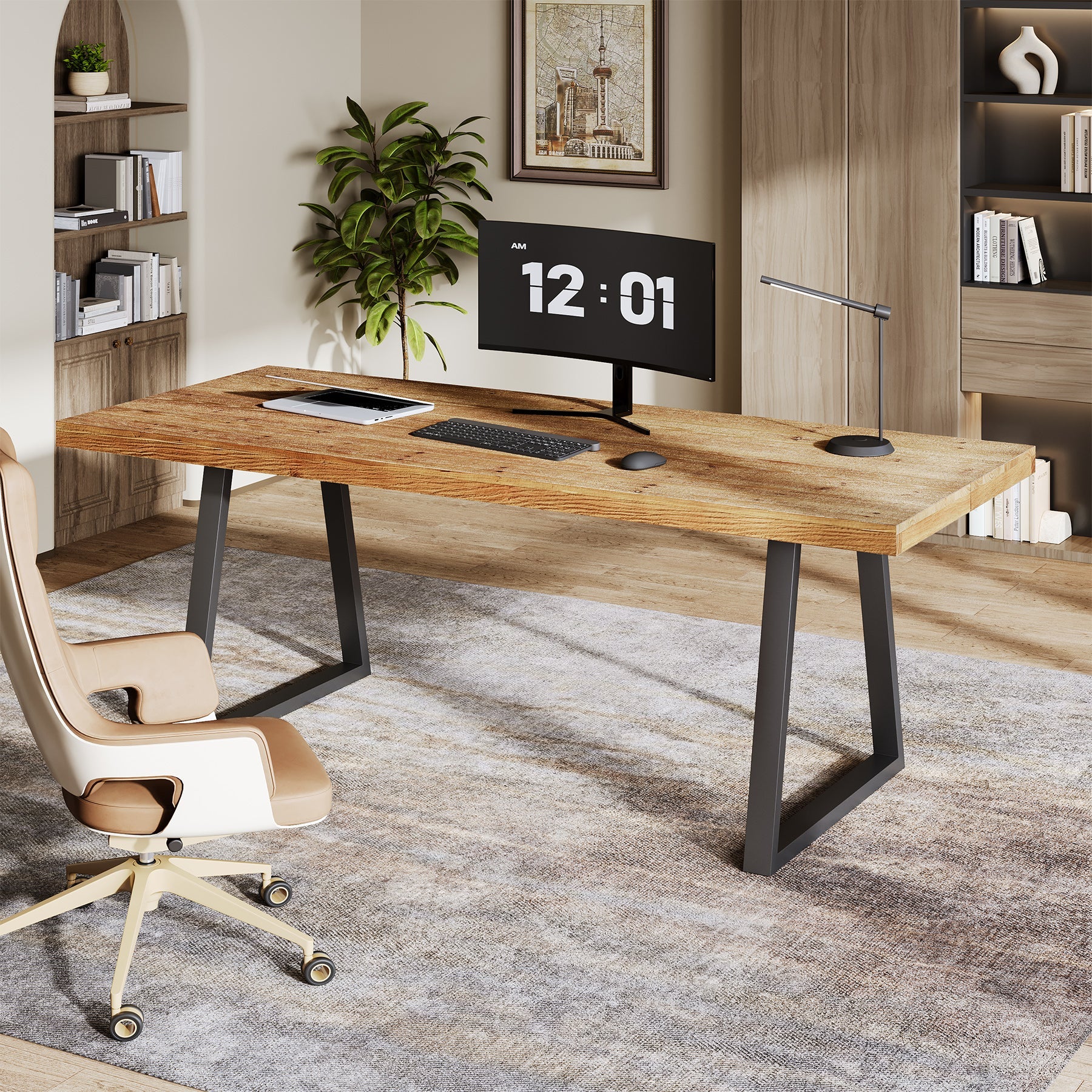 Tribesigns Escritorio industrial de 160 cm con tablero de madera maciza y patas de metal resistentes