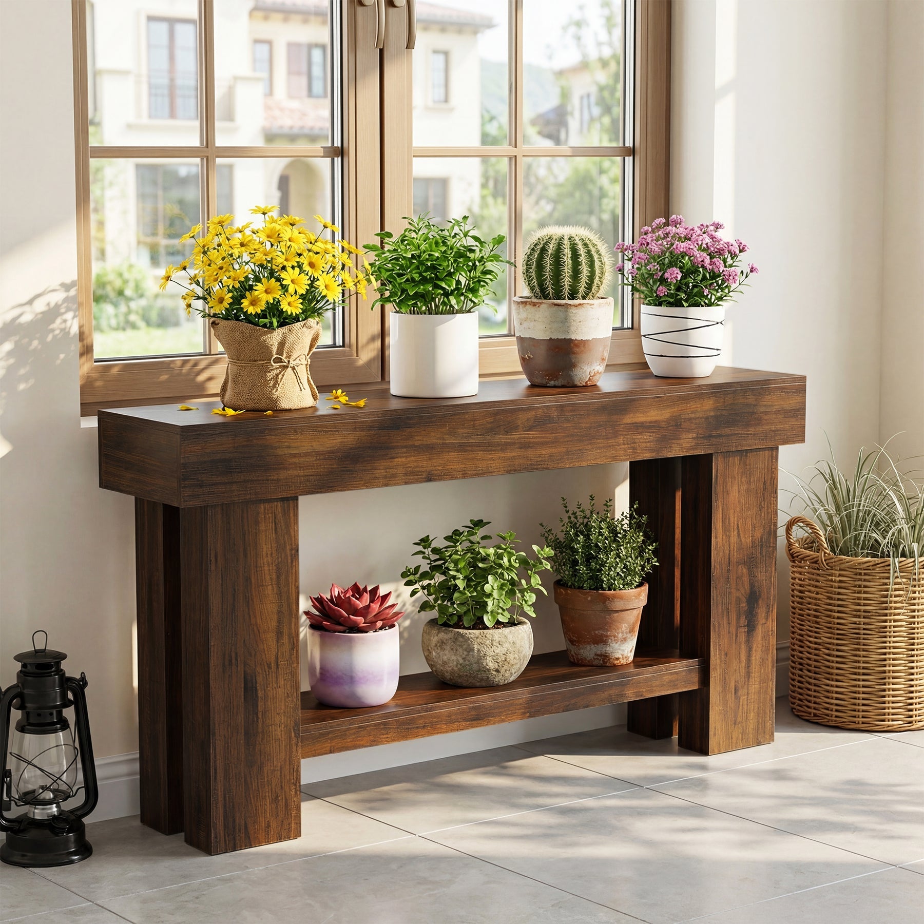Tribesigns Mesa consola de estilo industrial de 160 cm y 2 niveles, Mesa estrecha para sofá con estante