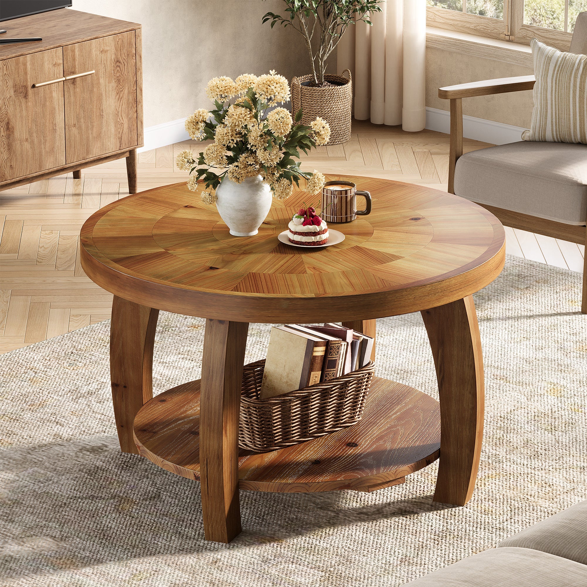 Mesa de centro redonda de madera maciza de 80 cm, Mesa auxiliar de 2 niveles con estampado de mosaico y estante inferior
