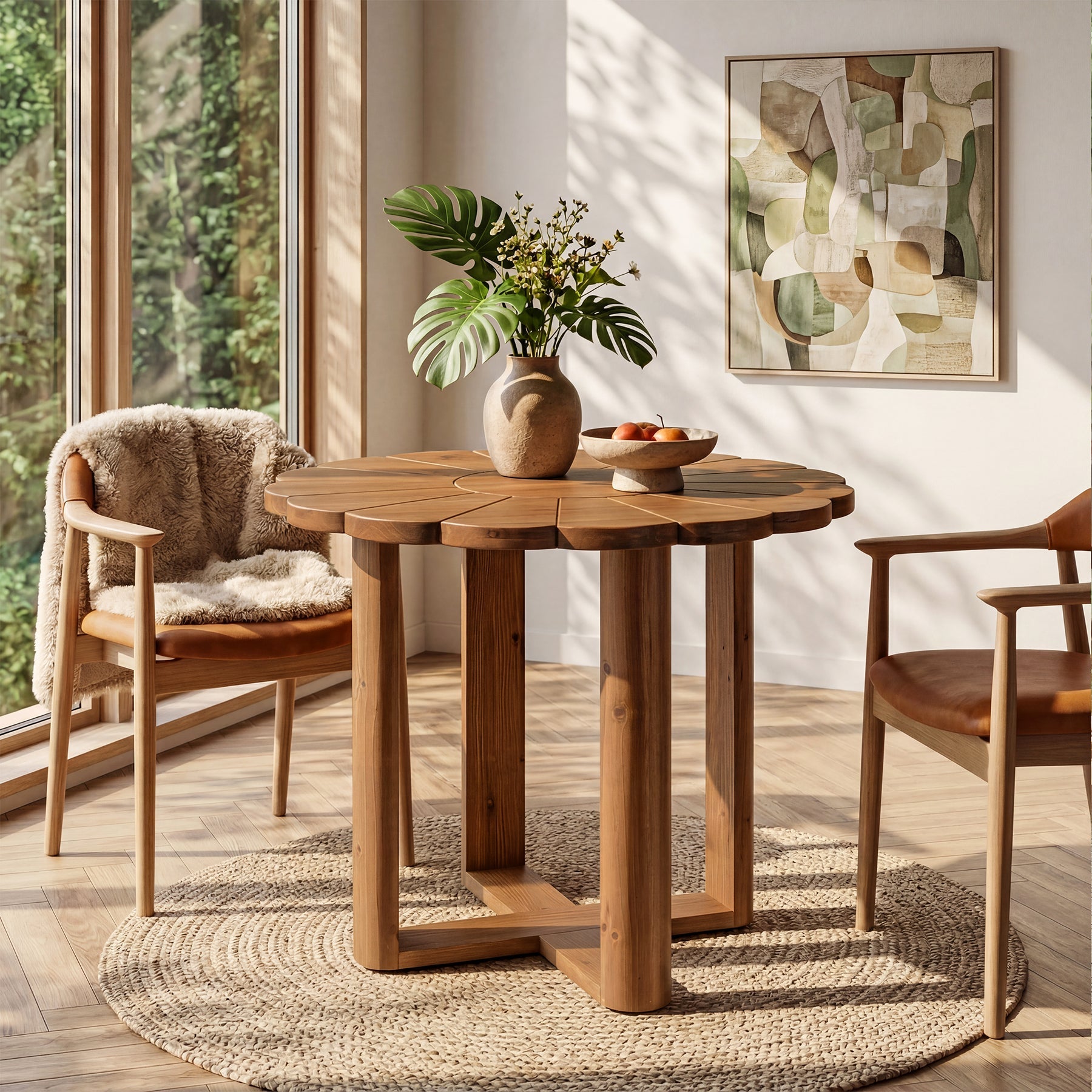 Mesa de comedor redonda de madera maciza de 80 cm para 2-4 personas, Estilo rústico con diseño floral tallado