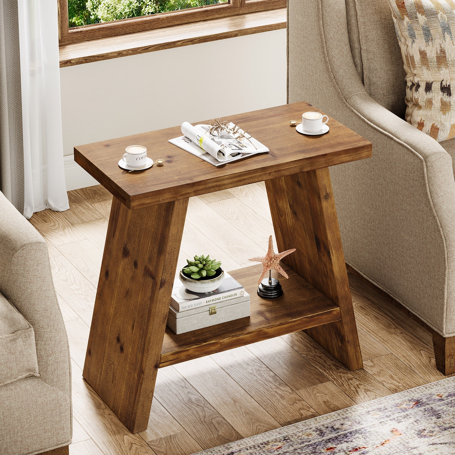 Mesita auxiliar estrecha de madera maciza de 60 x 30 cm con almacenamiento de 2 niveles, Mesita de noche rústica para salón y dormitorio
