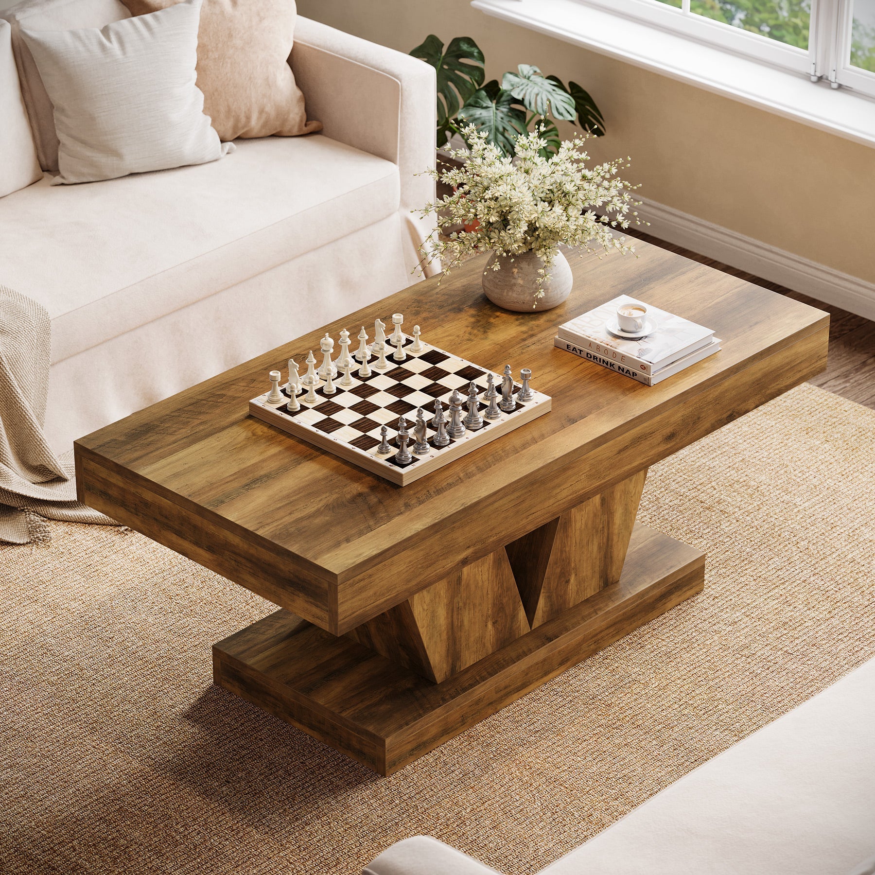 Tribesigns Mesa de centro rectangular de 120 cm de estilo mid century, Mesa de salón en imitación madera con base maciza y base en forma de V