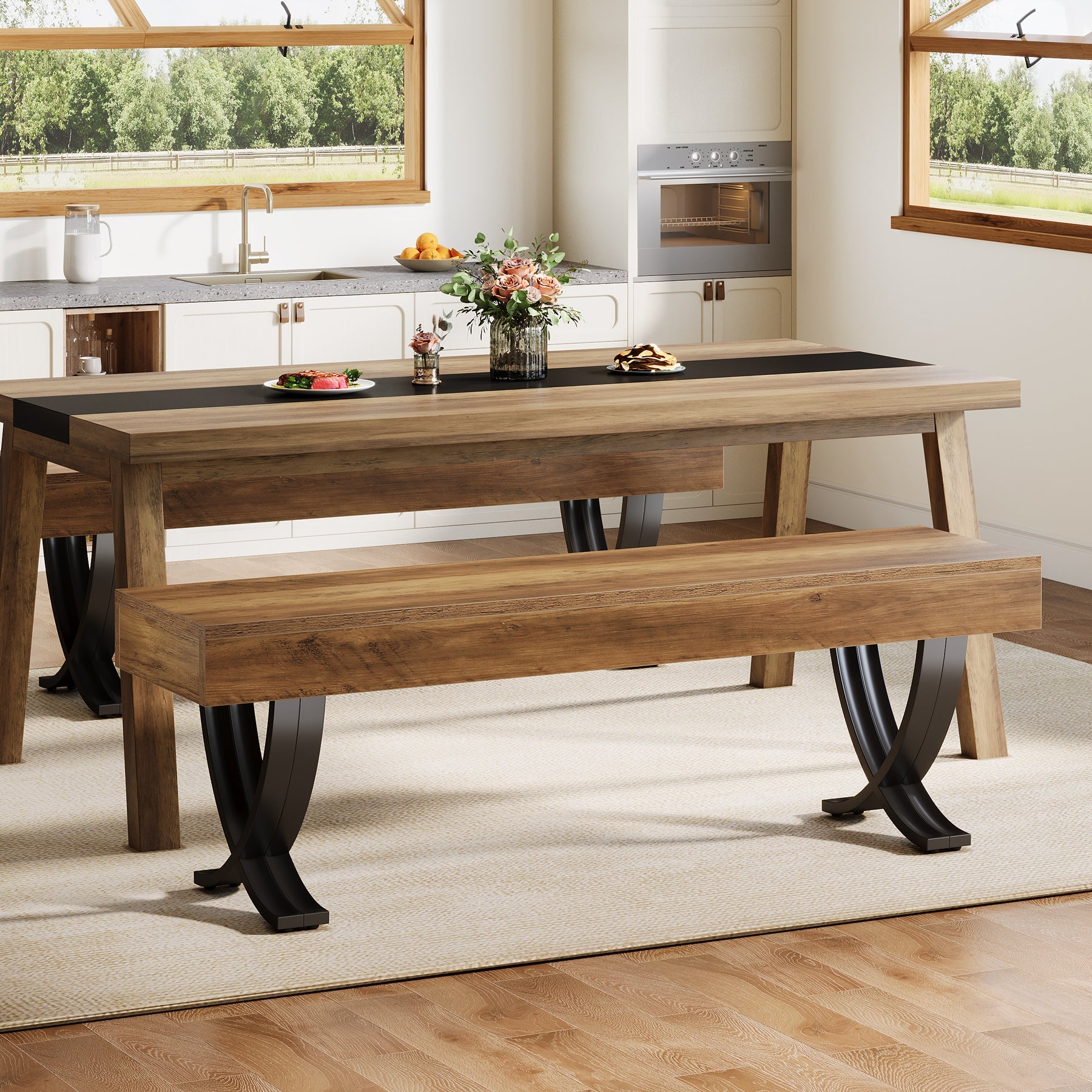 Tribesigns Banco de comedor rústico de 140 cm con tablero de aspecto de madera y patas metálicas en forma de X, Banco de cocina largo para comedor y pasillo