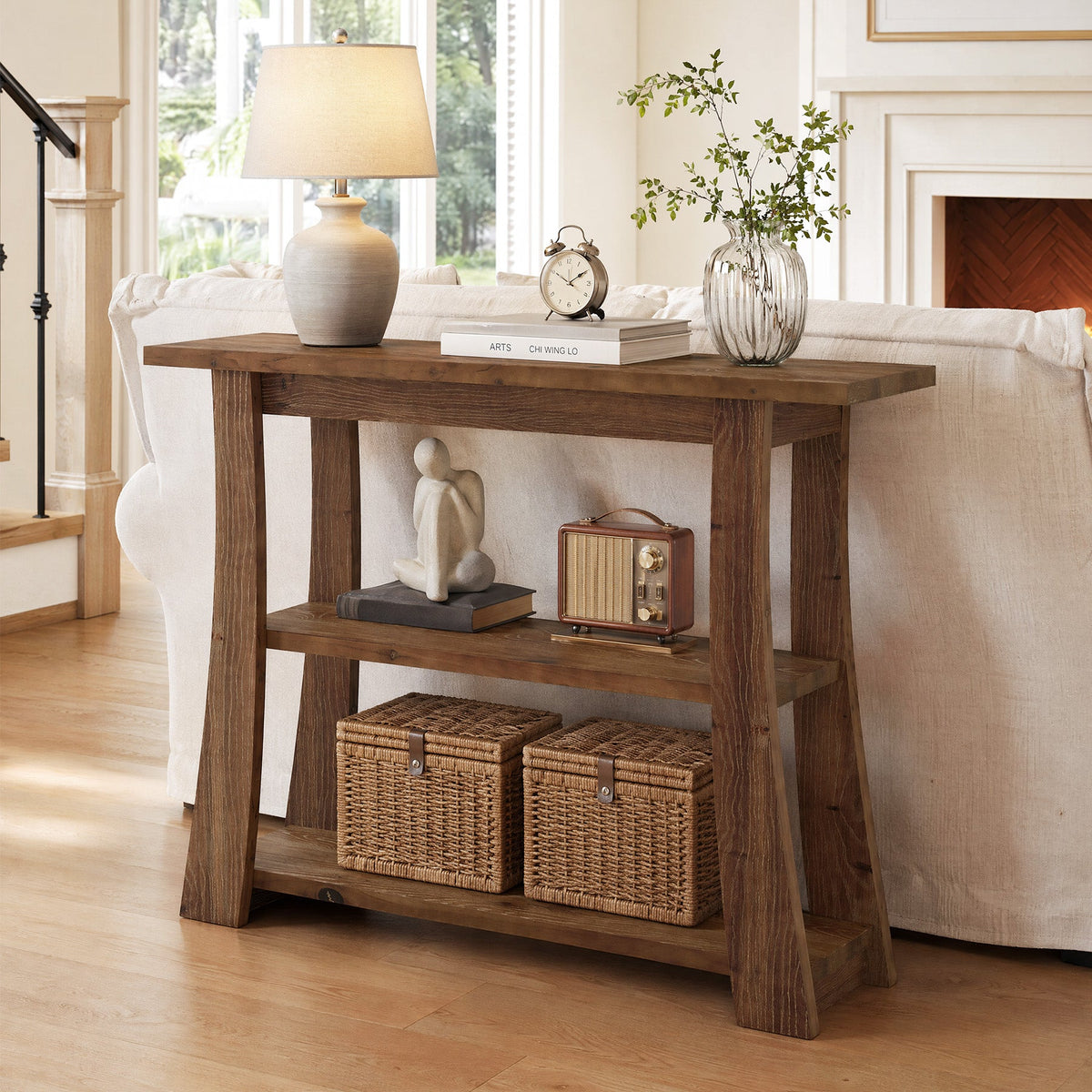 Tribesigns Mesa consola de madera maciza con 3 estantes, Mesa estrecha para recibidor de 105 cm
