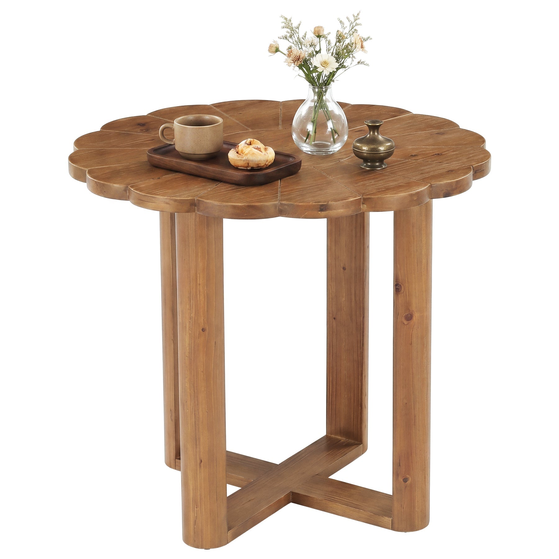 Mesa de comedor redonda de madera maciza de 80 cm para 2-4 personas, Estilo rústico con diseño floral tallado