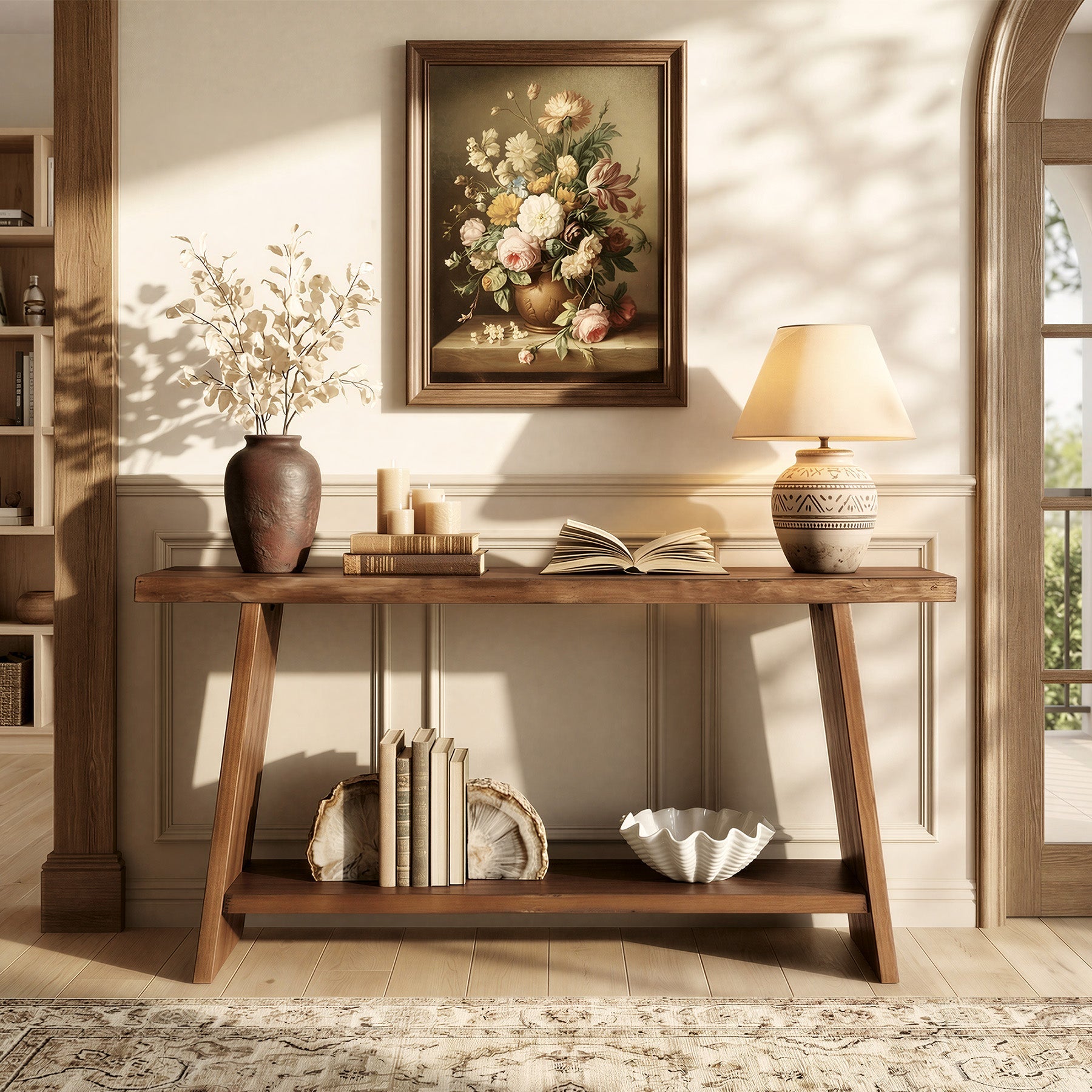 Tribesigns Mesa consola de madera maciza de 160 cm, Mesa auxiliar de dos niveles para el recibidor