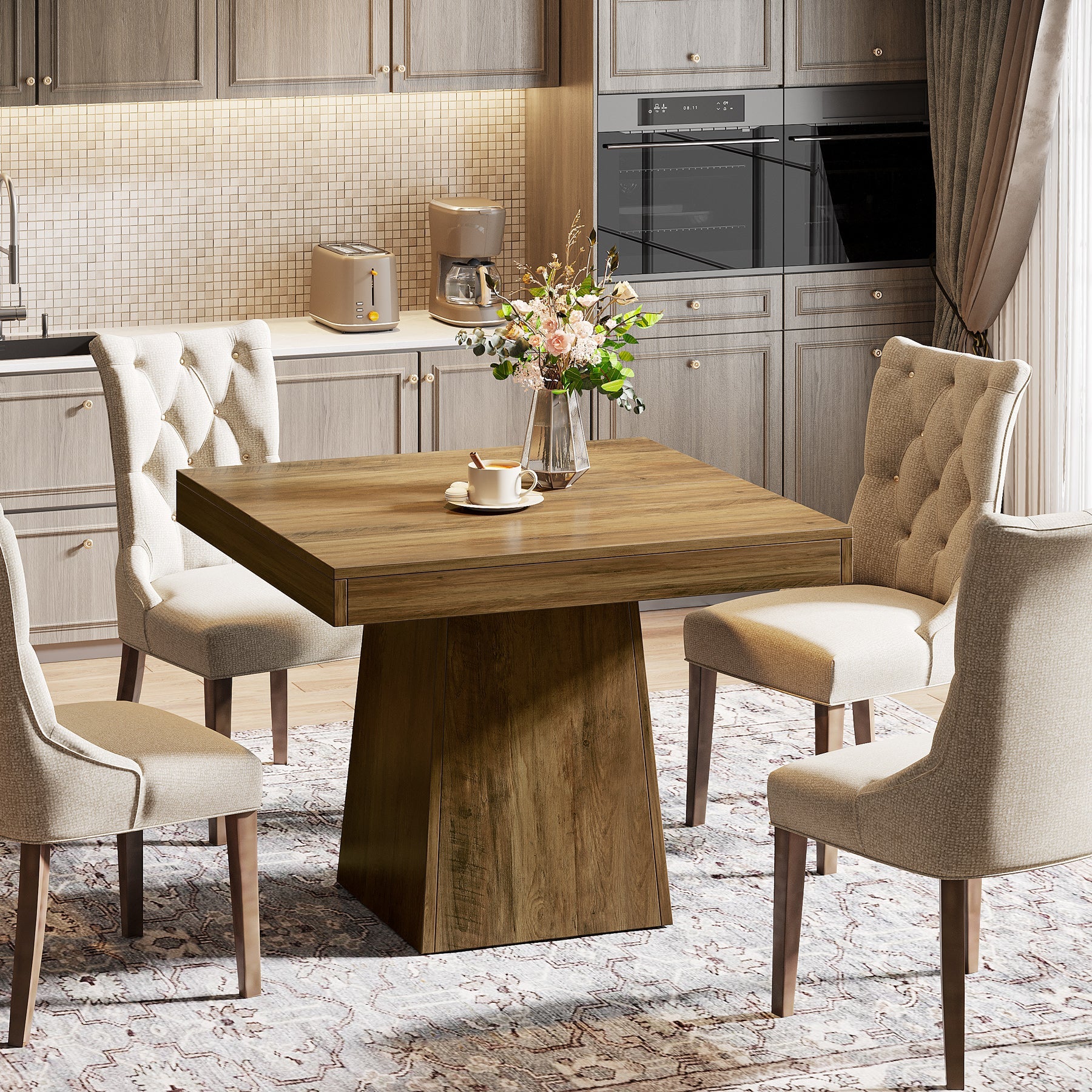Tribesigns Mesa de comedor cuadrada de 80 cm para 4 personas, Estilo rústico con base de columna en color marrón