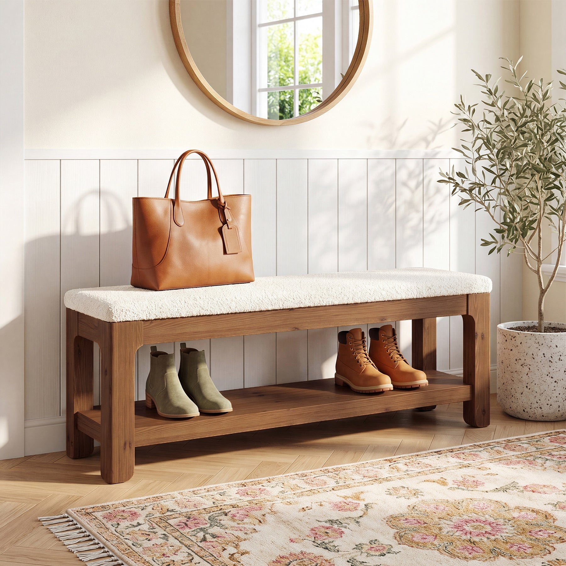 Tribesigns Banco tapizado de 140 cm, fabricado en madera maciza, ideal para recibidor, con estante de almacenamiento y asiento de felpa