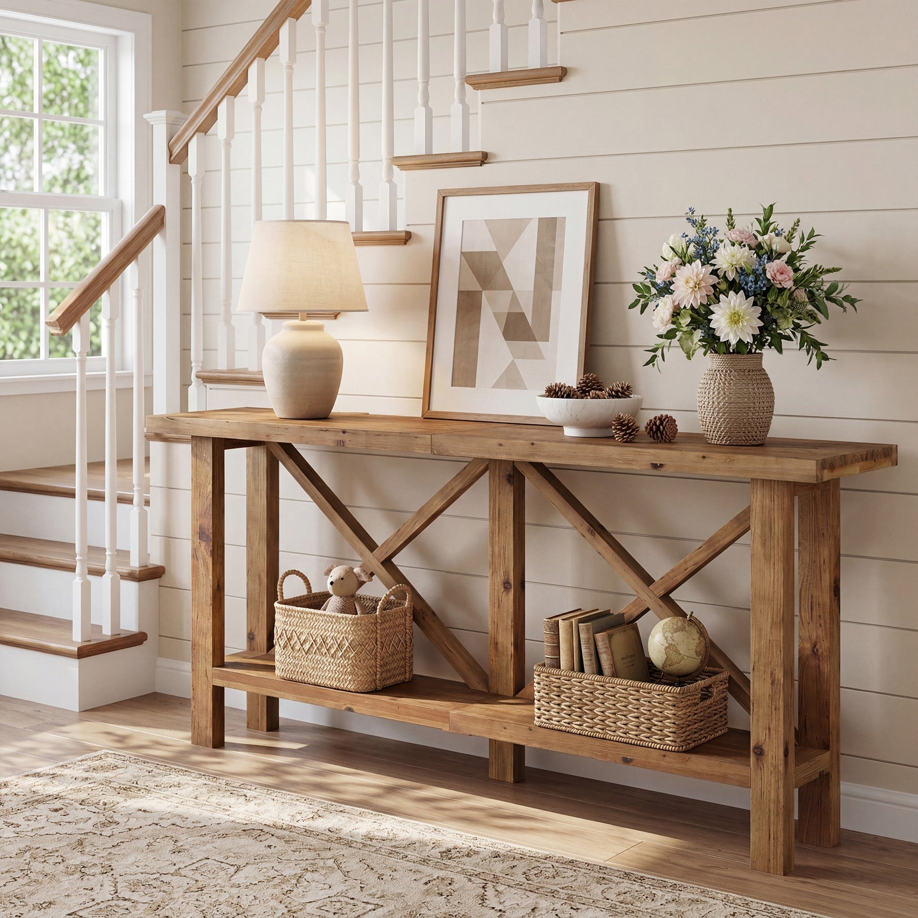 Mesa consola estrecha de 180 cm, Mesa de recibidor de madera maciza de 2 niveles