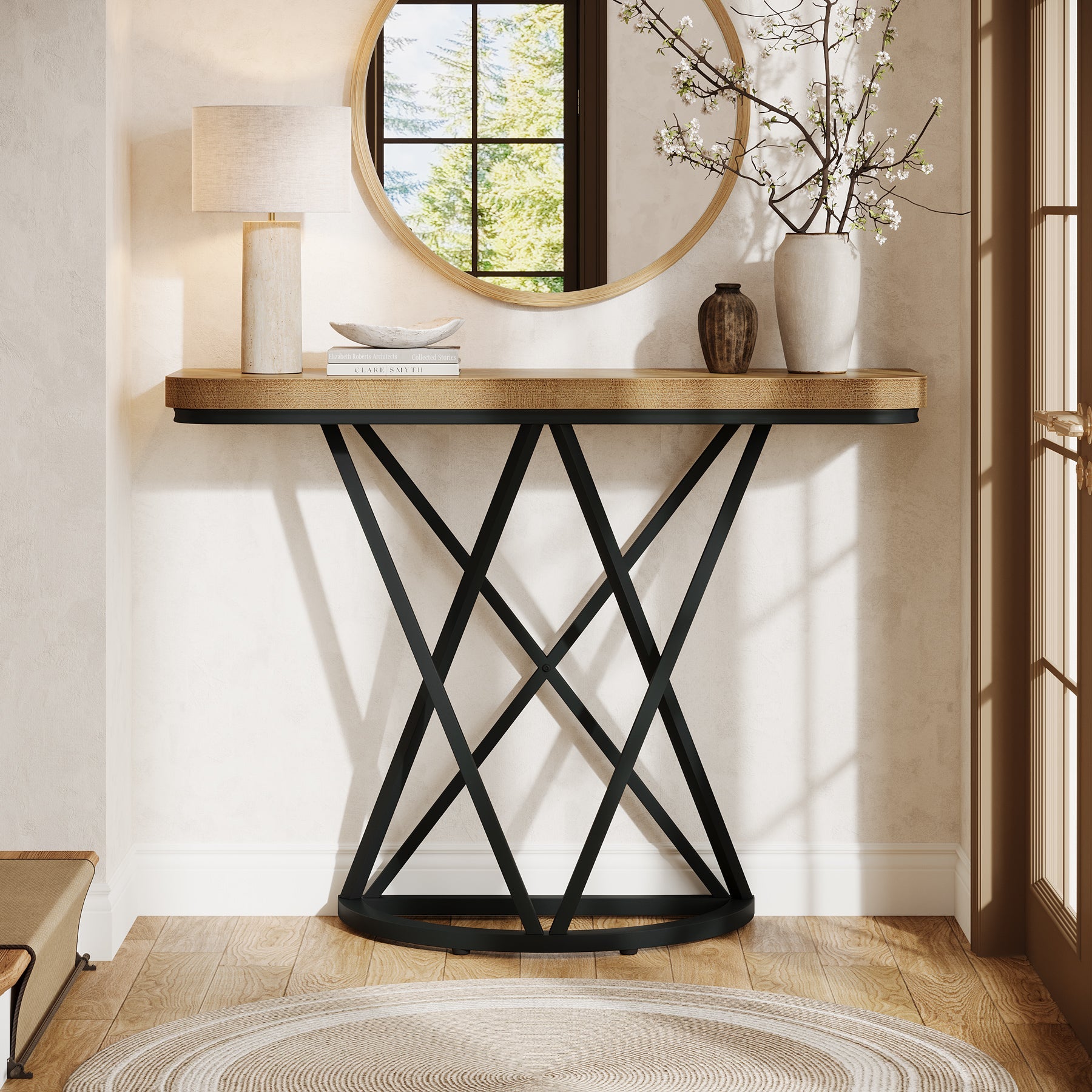 Tribesigns Consola industrial de 105 cm, Mesa de entrada estrecha con base metálica geométrica