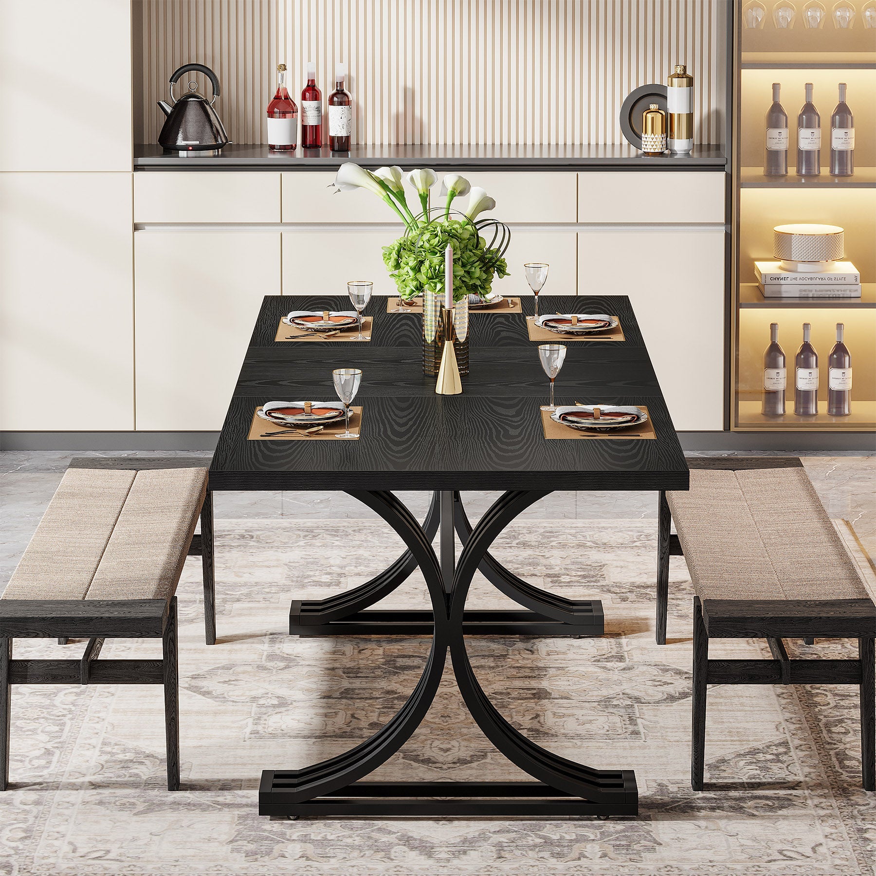 Tribesigns Mesa de comedor moderna de 160 cm con tablero de mármol artificial y patas de metal.