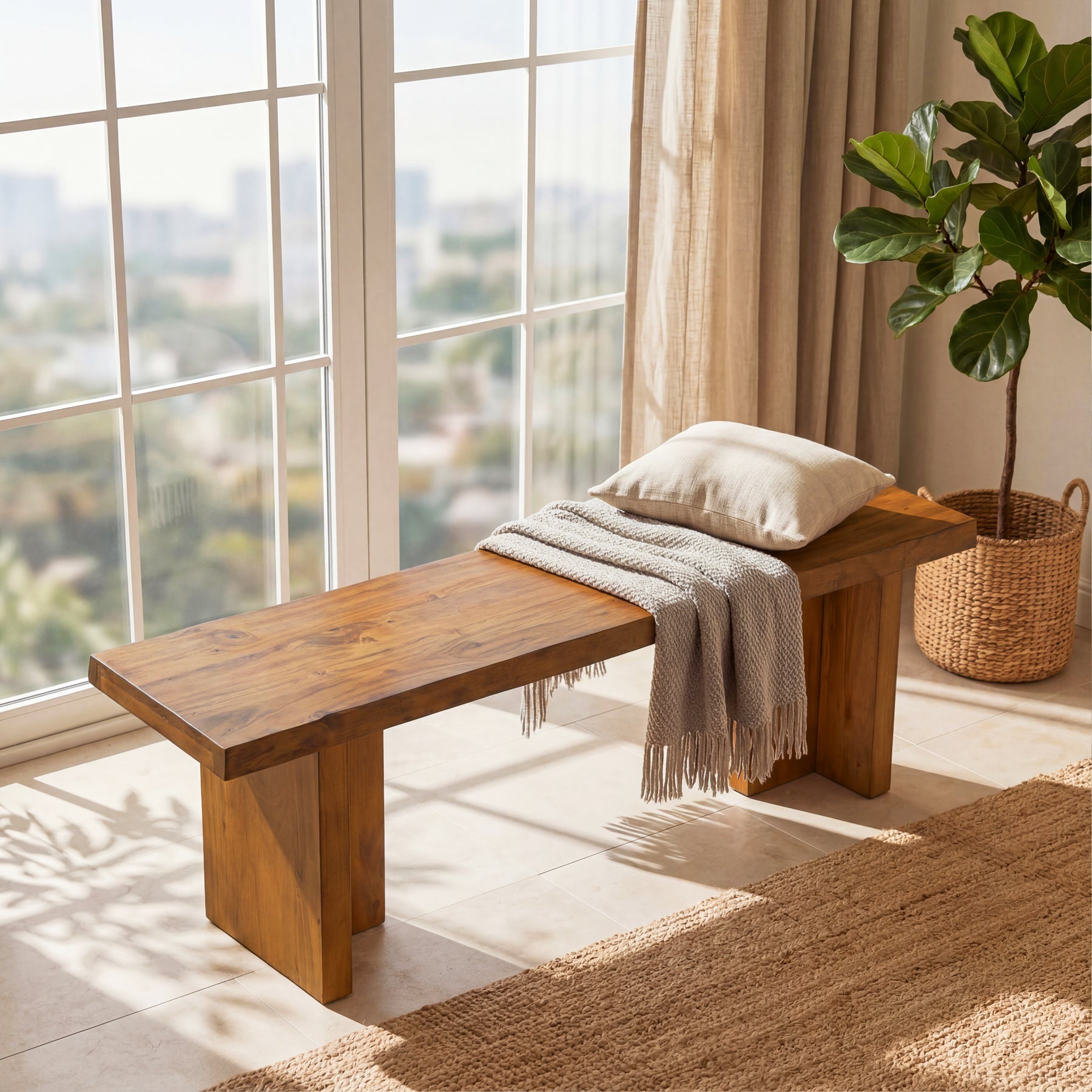 Tribesigns Banco de madera maciza de 140 cm, Banco para zapatos para el recibidor Banco de madera para 2-3 personas