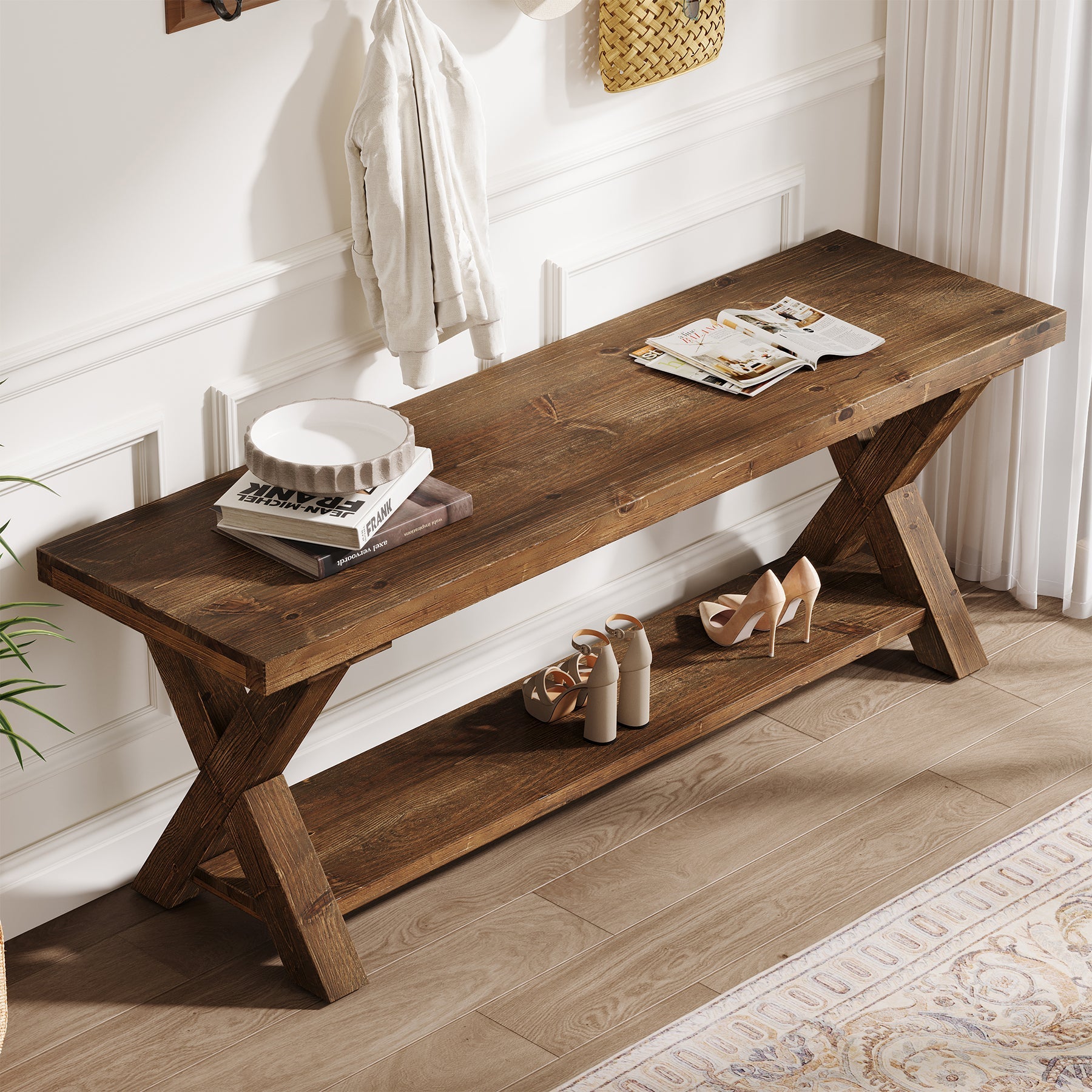 Tribesigns Banco de madera macizade 110 cm con compartimento de almacenamiento, Banco zapatero de estilo rústico con estructura en forma de X en color marrón