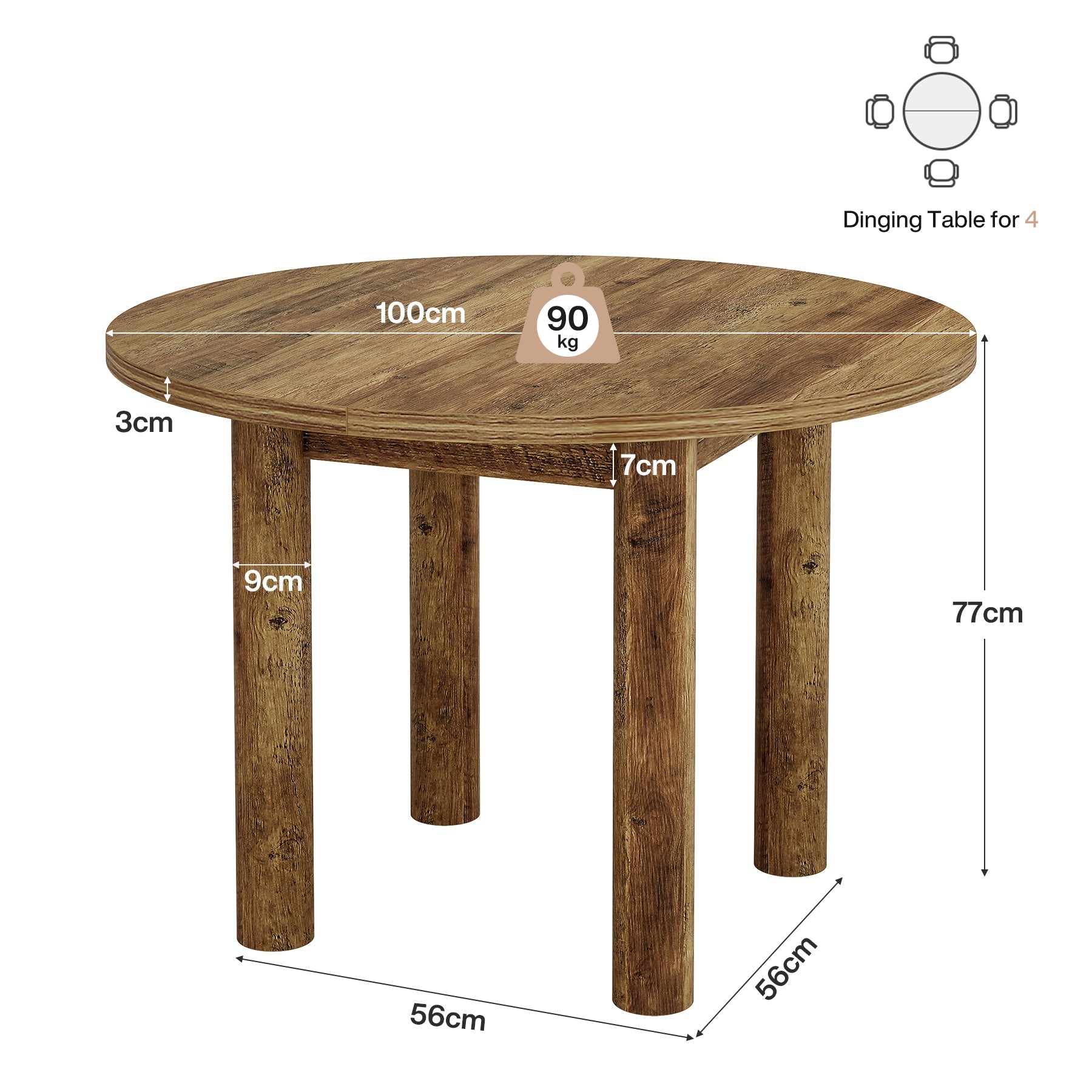 Tribesigns Mesa de comedor redonda Tribesigns de 100 cm para 4 personas, Moderna mesa de cocina rústica en marrón