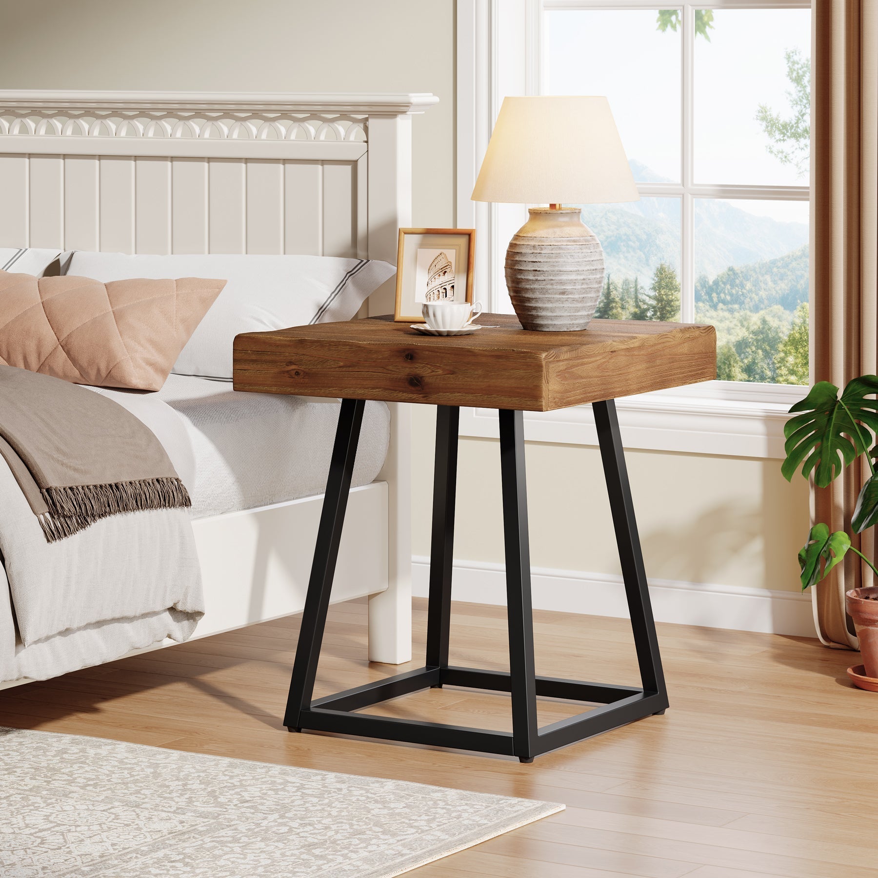 Tribesigns Mesita auxiliar de madera maciza 50 cm, Mesita de noche cuadrada con base metálica
