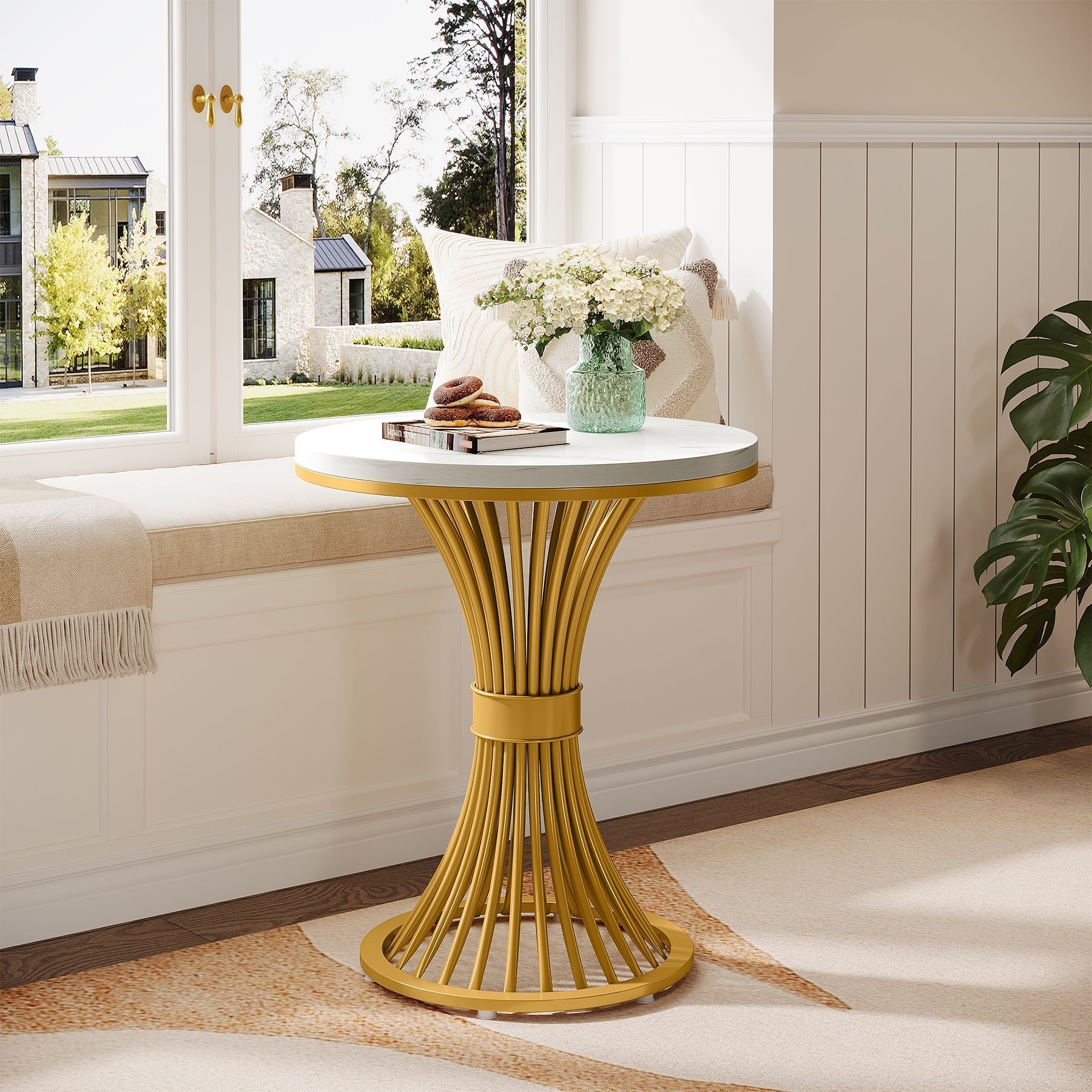 Tribesigns Mesa auxiliar redonda de 50 cm con superficie de mármol, Blanca y base de metal dorado