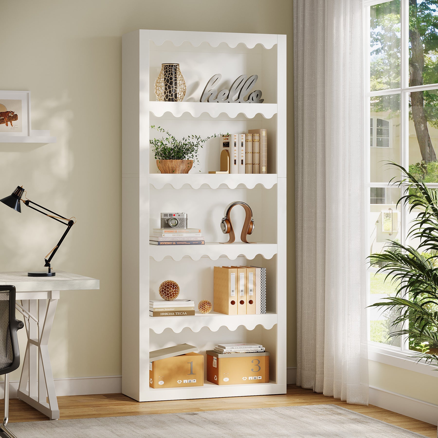 Tribesigns Librería de 180 cm de altura, Estantería moderna con bordes en forma de concha para salón