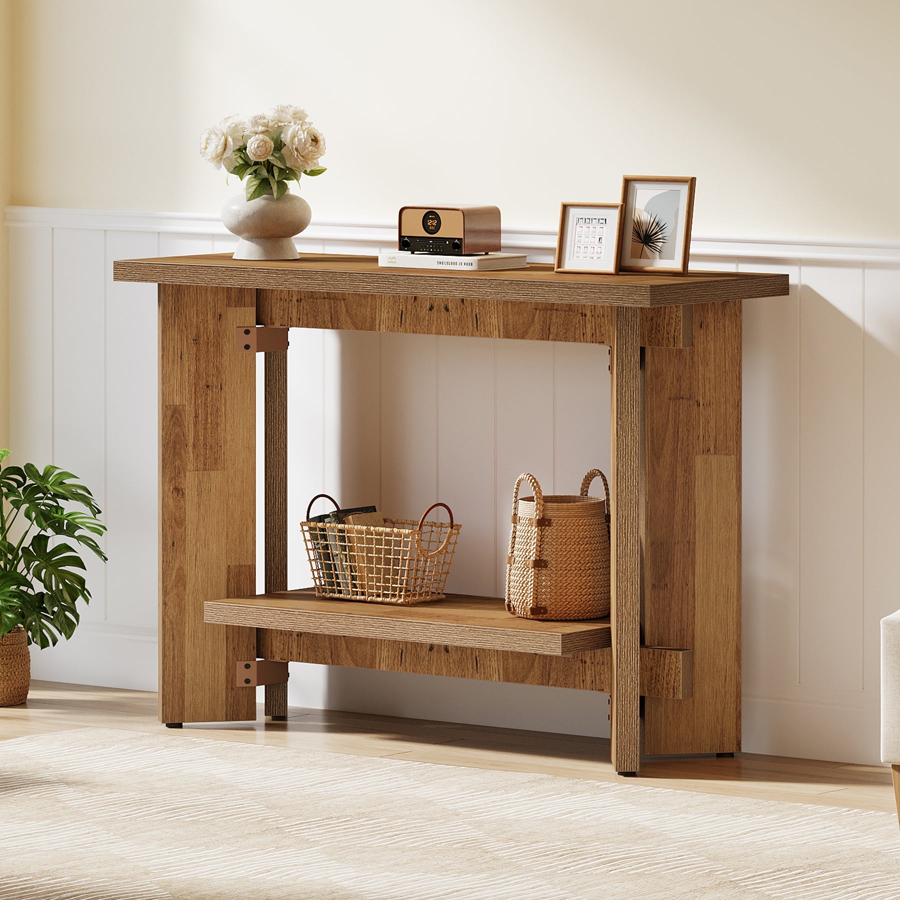 Tribesigns Consola de estilo rústico de 105 cm con estante, Mesa de centro estrecha para salón y pasillo