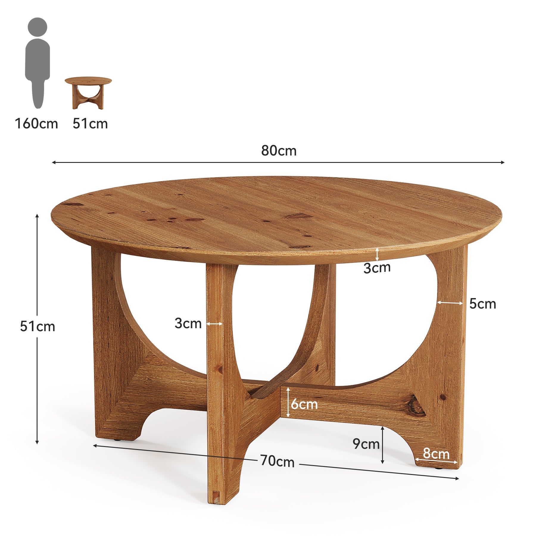 Tribesigns Mesa de centro redonda de madera maciza 80 cm, Mesa de salón de estilo rústico para salas de estar y espacios pequeños