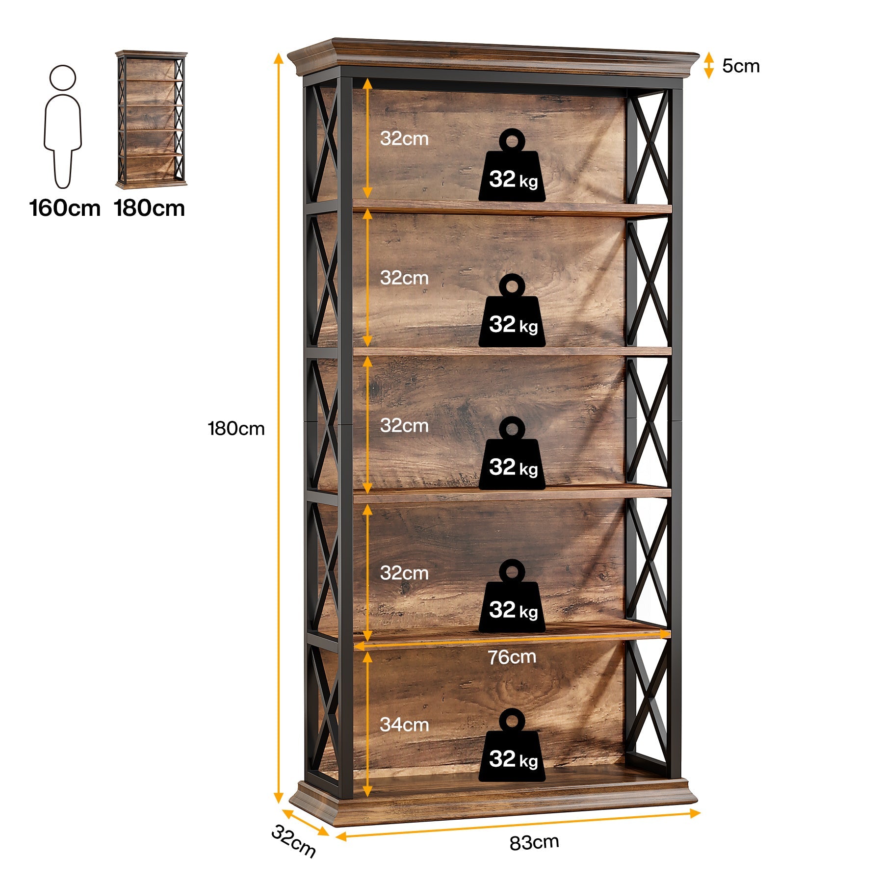 Tribesigns Estantería de madera de 180 cm con 5 niveles y marco de metal