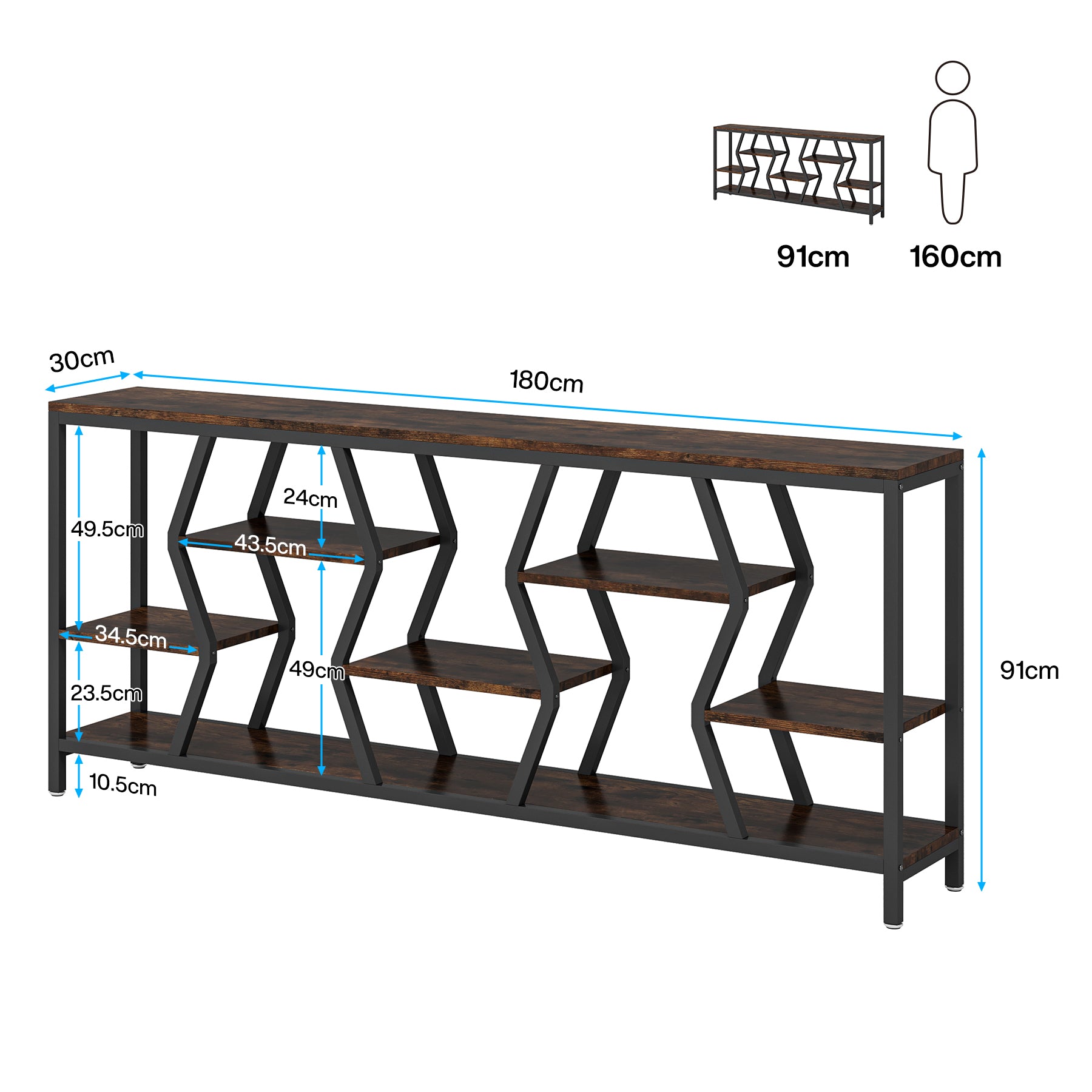 Tribesigns Konsolentisch 180 cm mit 4 Ablagen, Schmaler Sofatisch im Industrial-Landhausstil