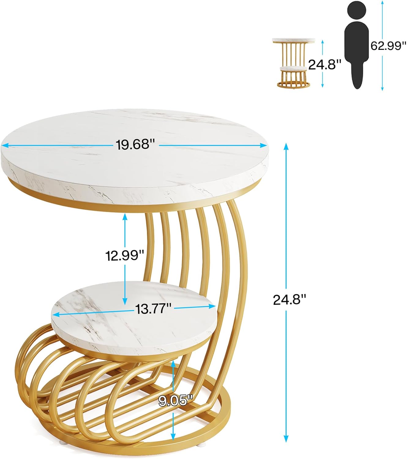 Tribesigns Mesa auxiliar de 2 niveles, Mesita de noche moderna de oro blanco con estructura de arco de metal