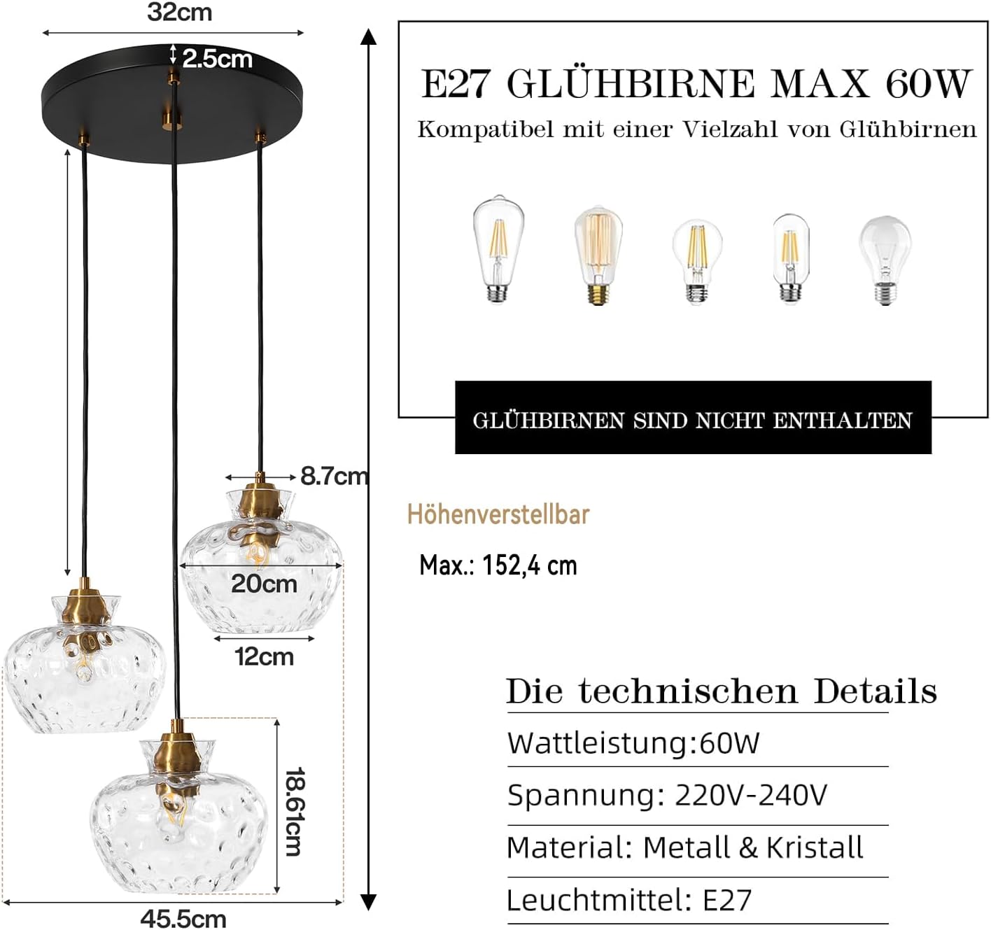 Tribesigns Lámpara colgante de 3 luces con cristal texturizado, casquillo E27