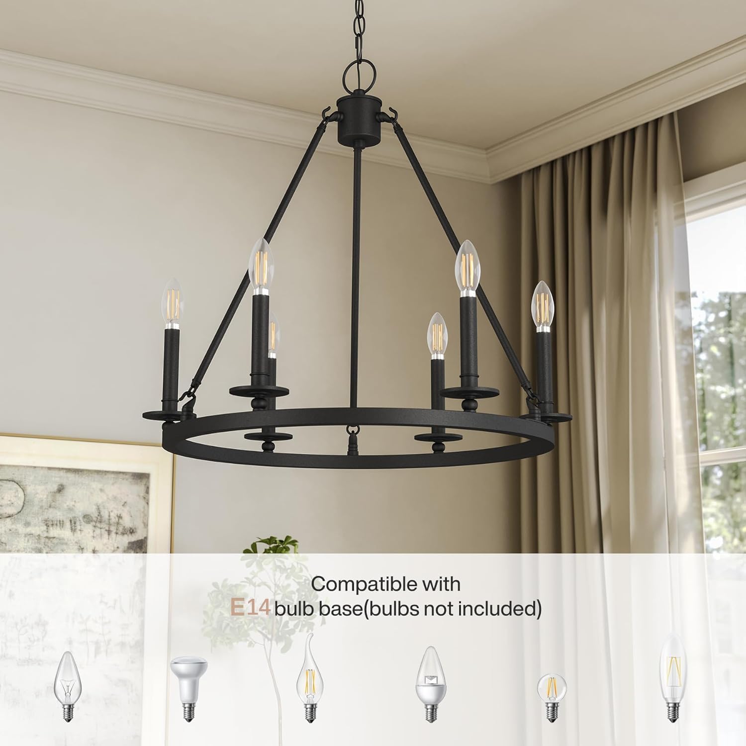Tribesigns Lámpara de techo de 6 luces con diseño de rueda de carreta, color negro, Estilo industrial vintage, casquillo E14, ideal para sala de estar y comedor