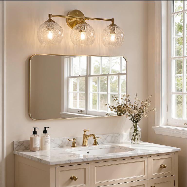 Tribesigns Aplique de baño dorado de 3 luces con globos de cristal craquelado, Luz de espejo moderna con casquillo E27 que incluye bombillas LED