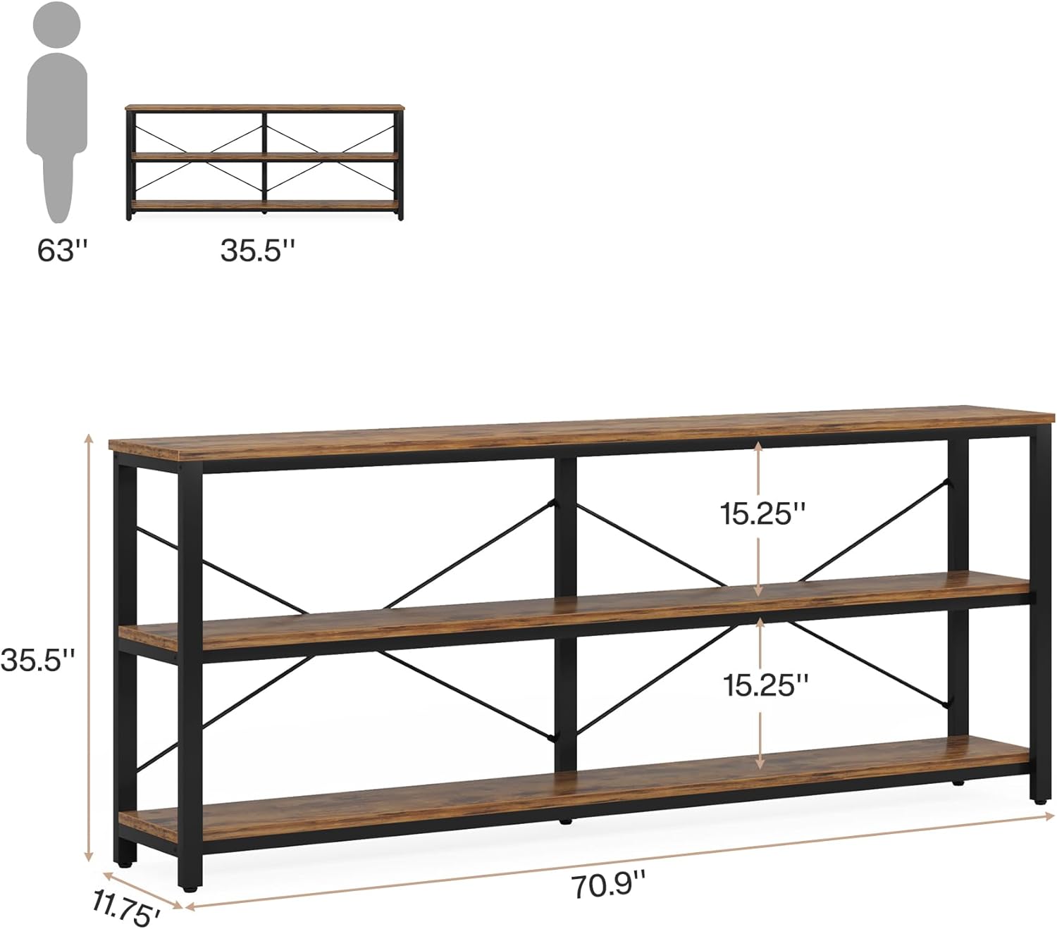 Tribesigns Mesa consola, Mesa de sofá industrial de 3 niveles con estructura de metal
