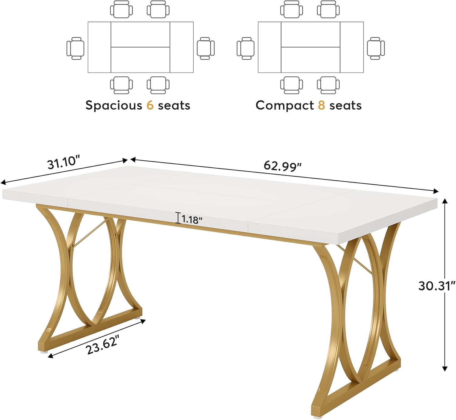 Tribesigns Mesa de comedor moderna para 6 personas, 63 pulgadas de largo x 31 pulgadas