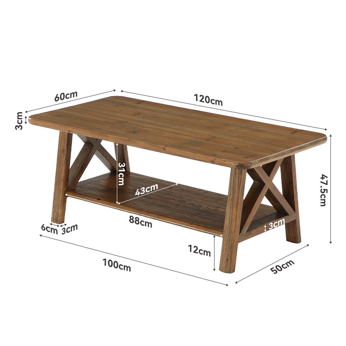 Tribesigns Mesa de centro de madera maciza estilo granja, Mesa rectangular de 120 cm con estante para sala de estar, apartamento u hogar