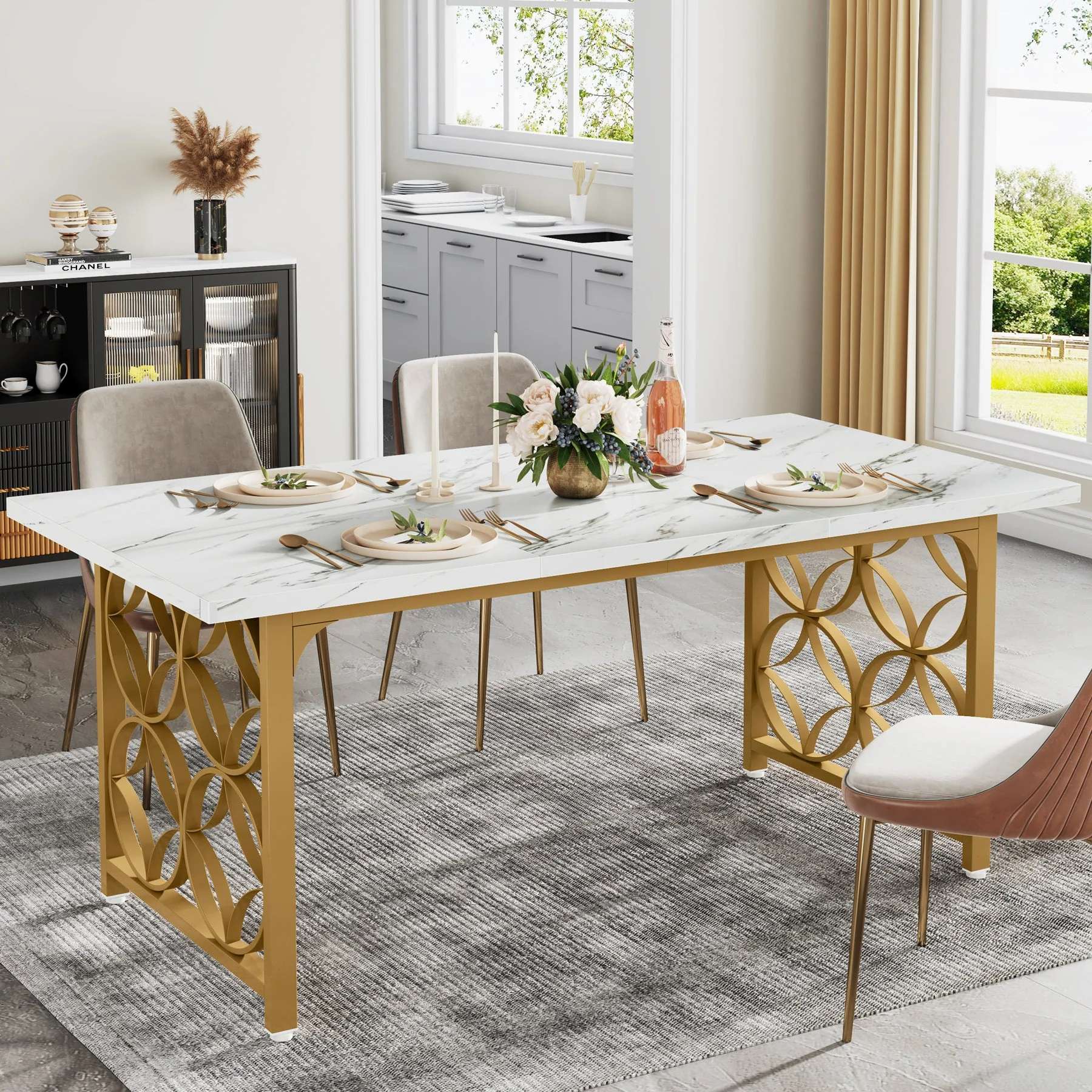Tribesigns Mesa de comedor de 160 cm, Mesa de cocina moderna de mármol artificial para 6 personas