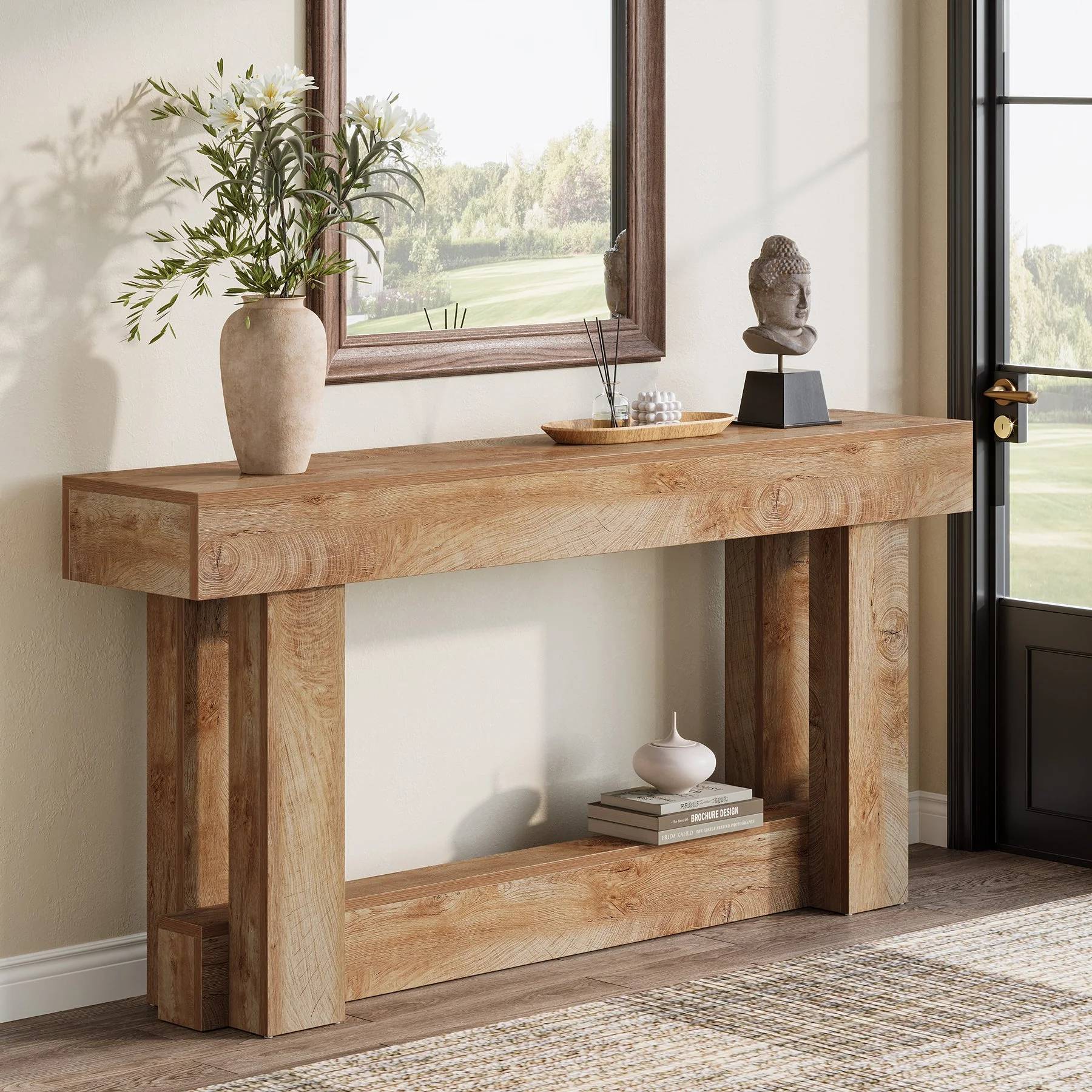 Tribesigns Consola de madera de 160 cm, Mesa de entrada rústica de 2 niveles