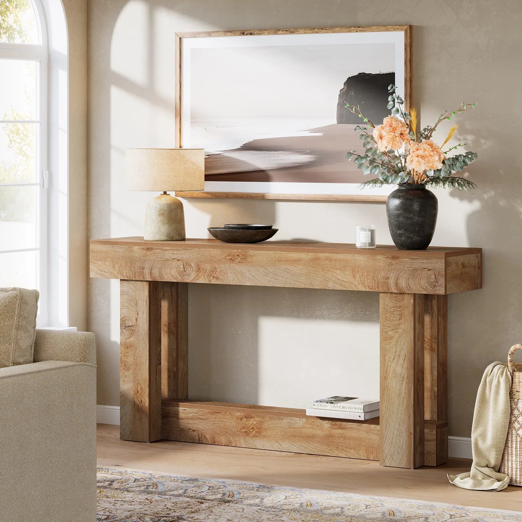 Tribesigns Consola de madera de 160 cm, Mesa de entrada rústica de 2 niveles
