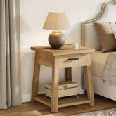Mesita de noche con cajón y estante, Mesa auxiliar de estilo rústico para dormitorio y sala de estar 3