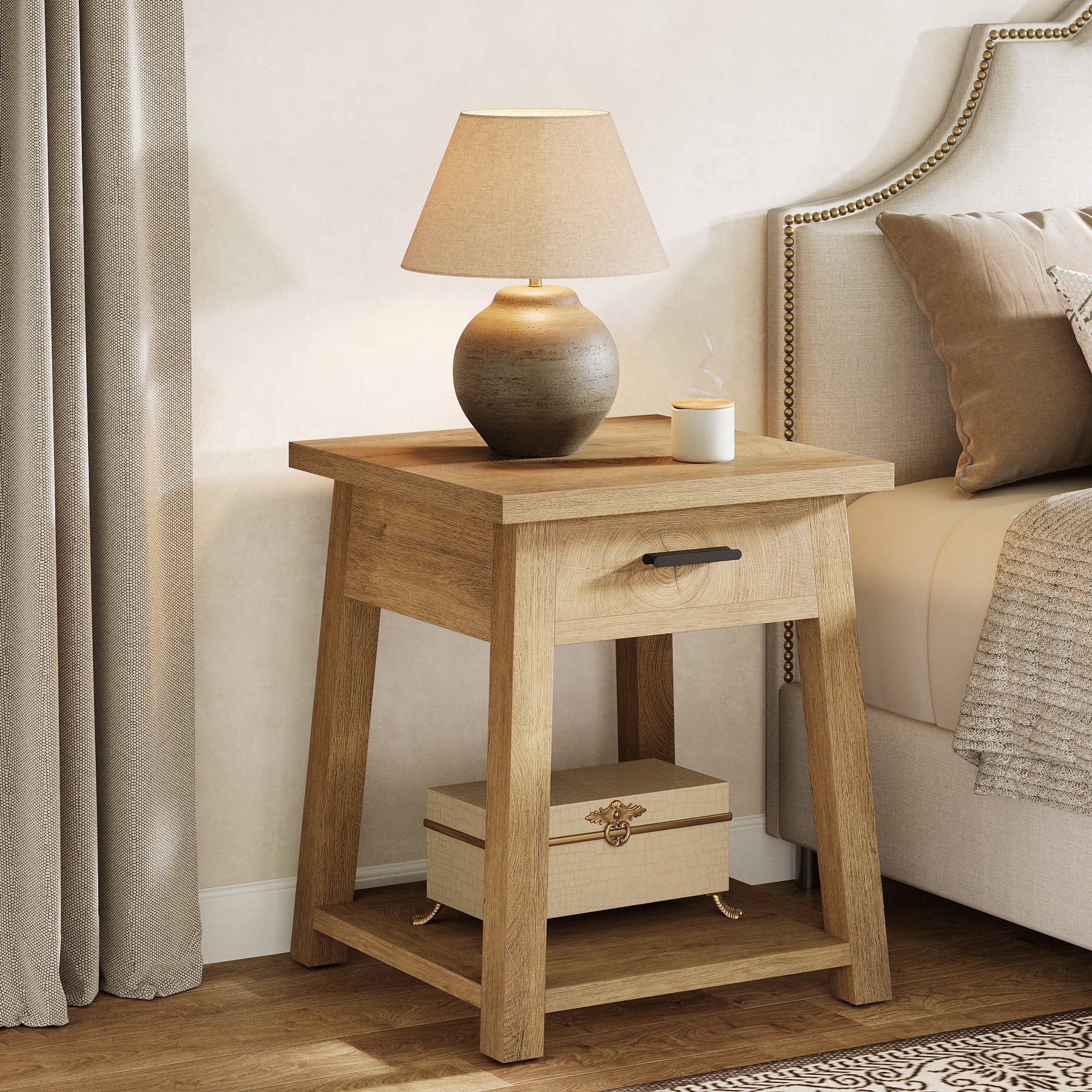 Mesita de noche con cajón y estante, Mesa auxiliar de estilo rústico para dormitorio y sala de estar