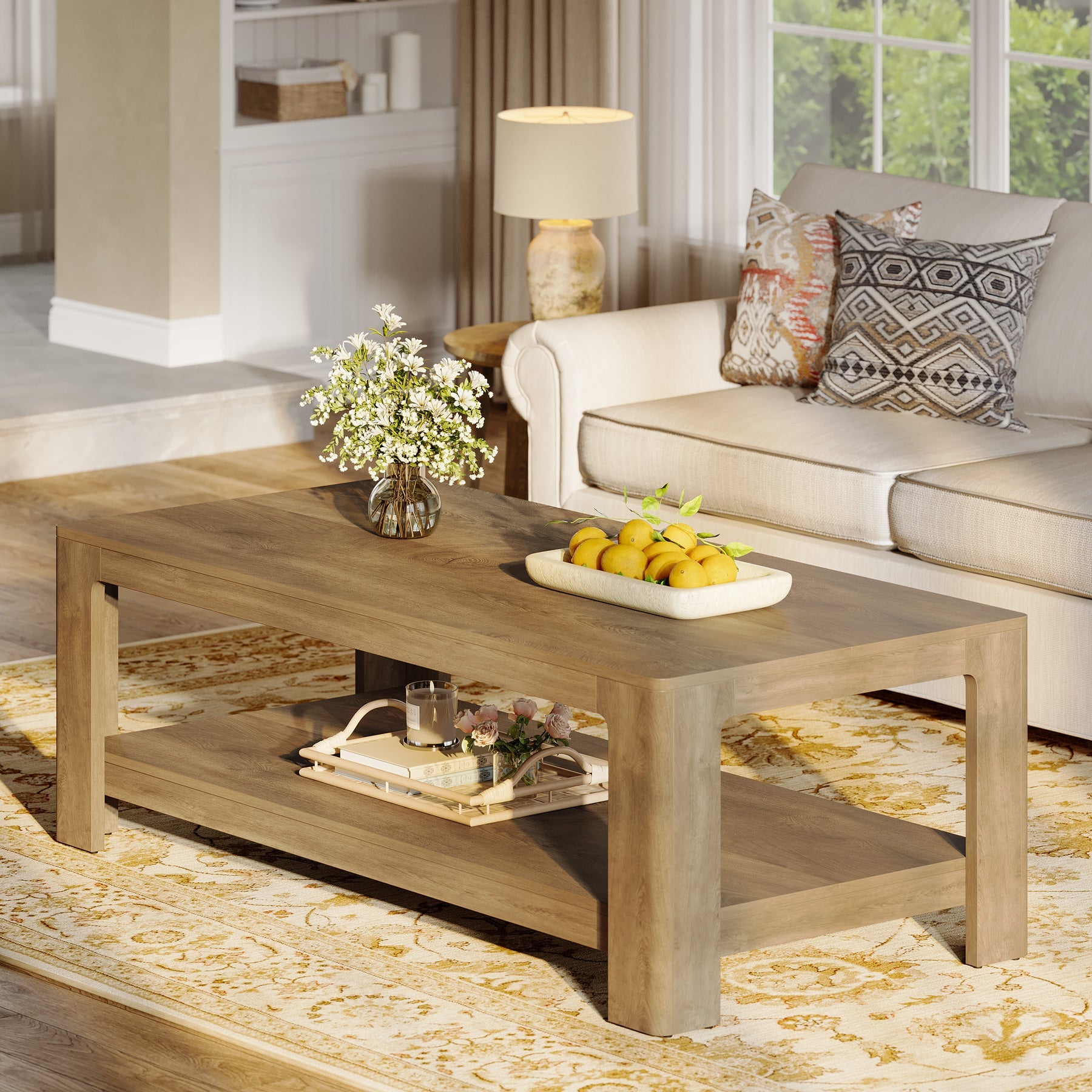 Tribesigns Mesa de centro rectangular de 120 cm con dos niveles de almacenamiento, Mesa de centro de madera para sala de estar