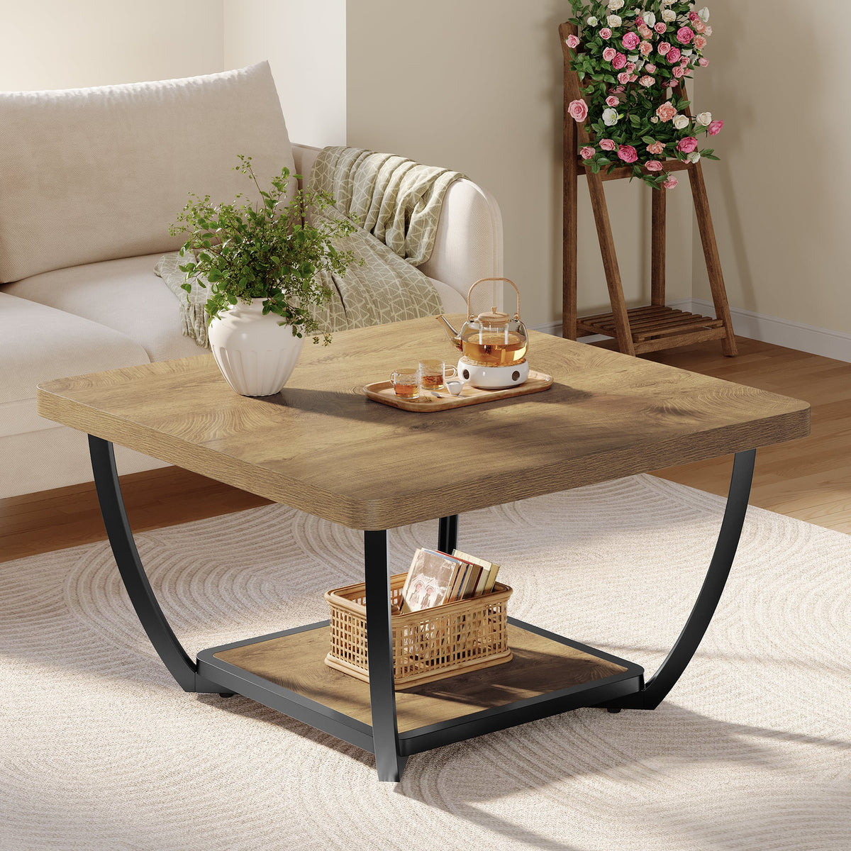 Tribesigns Mesa de centro cuadrada de 80 cm con estante, Mesa de salón de dos niveles con estructura metálica