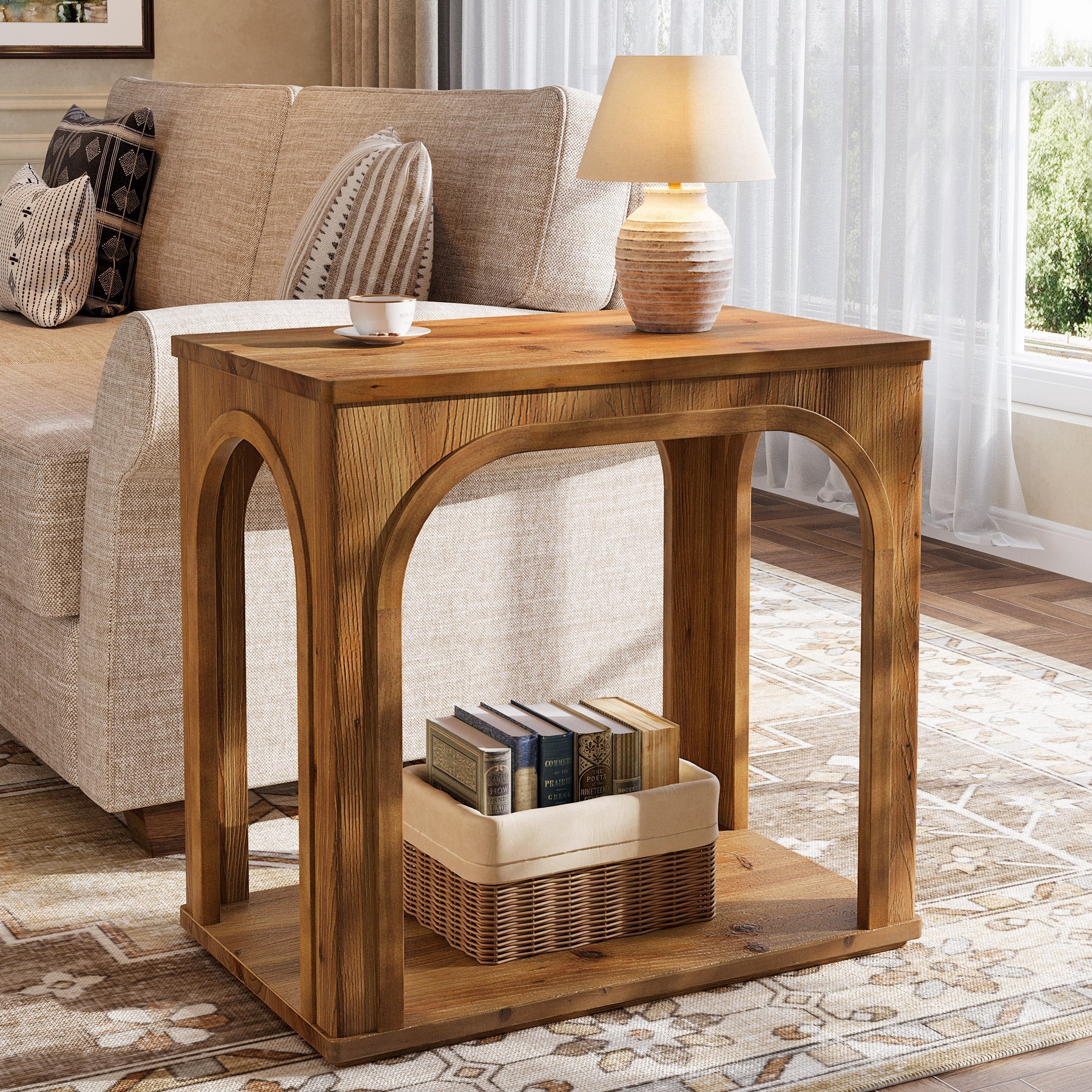 Mesita auxiliar rústica de madera maciza de 64 cm con 2 estantes