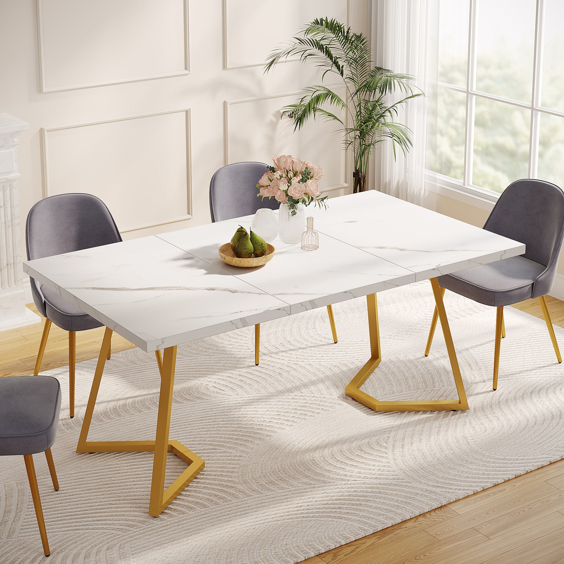 Tribesigns Mesa de Comedor Moderna, Mesa de Cocina de 140 cm con Patas de Metal Dorado para 6 Personas