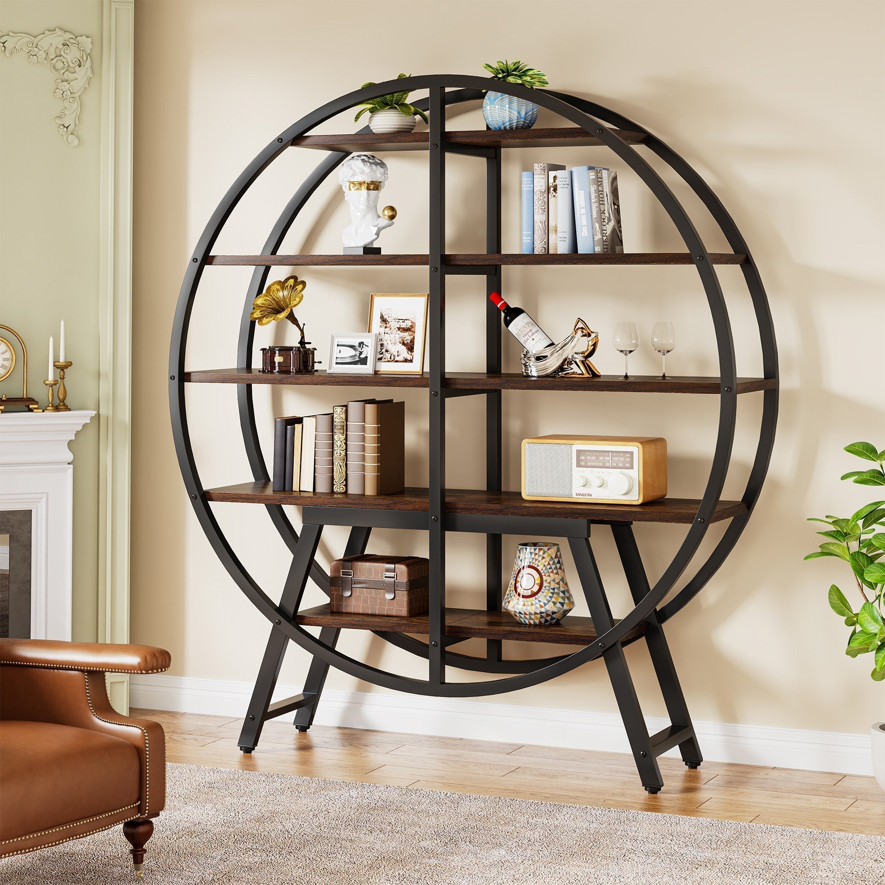67" Industrial Bookshelf, 5-Tier Round Etagere Bookcase Display Shelf Tribesigns