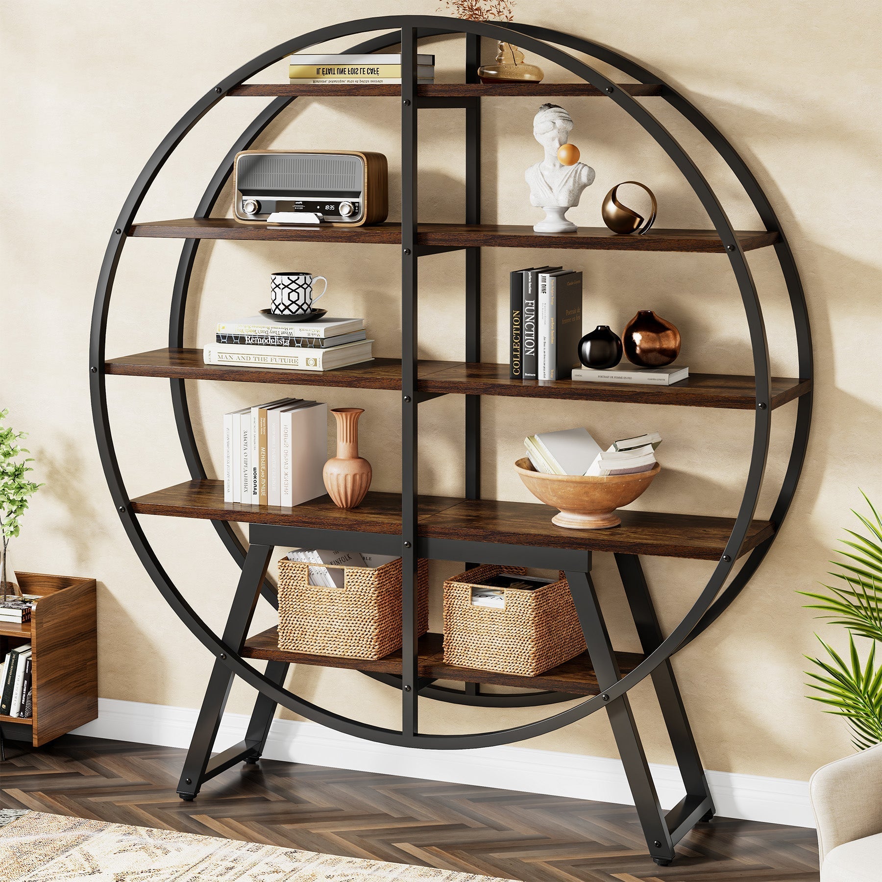 67" Industrial Bookshelf, 5-Tier Round Etagere Bookcase Display Shelf Tribesigns