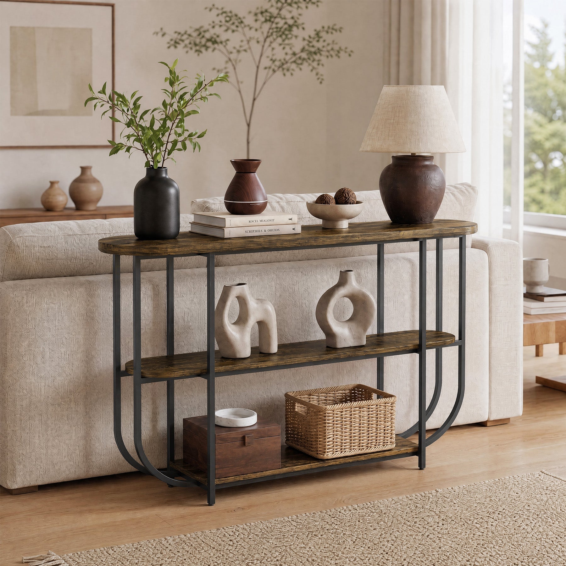 Tribesigns Mesa consola de 160 cm, Mesa estrecha para pasillo con 3 niveles y estructura metálica
