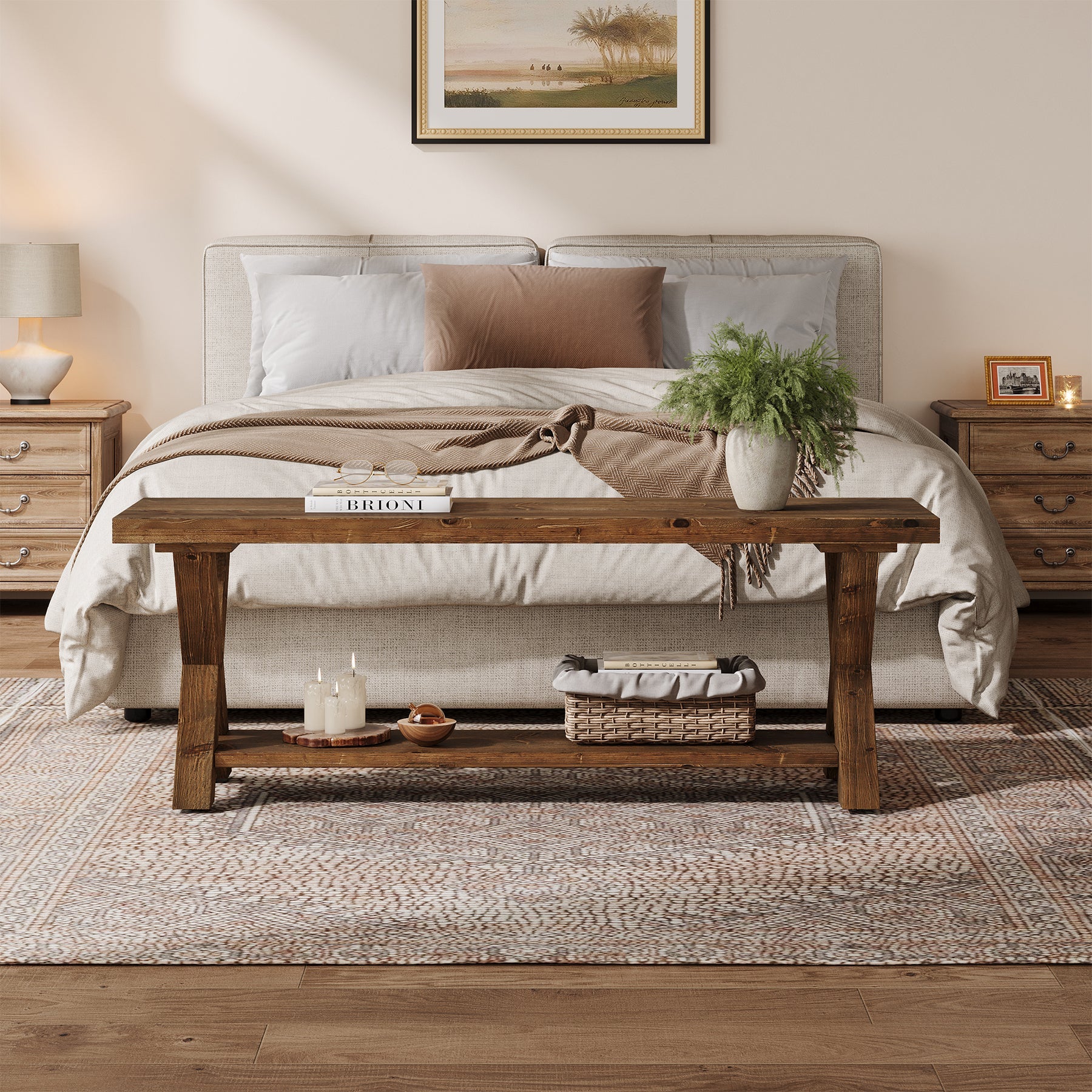 Tribesigns Banco de madera macizade 110 cm con compartimento de almacenamiento, Banco zapatero de estilo rústico con estructura en forma de X en color marrón