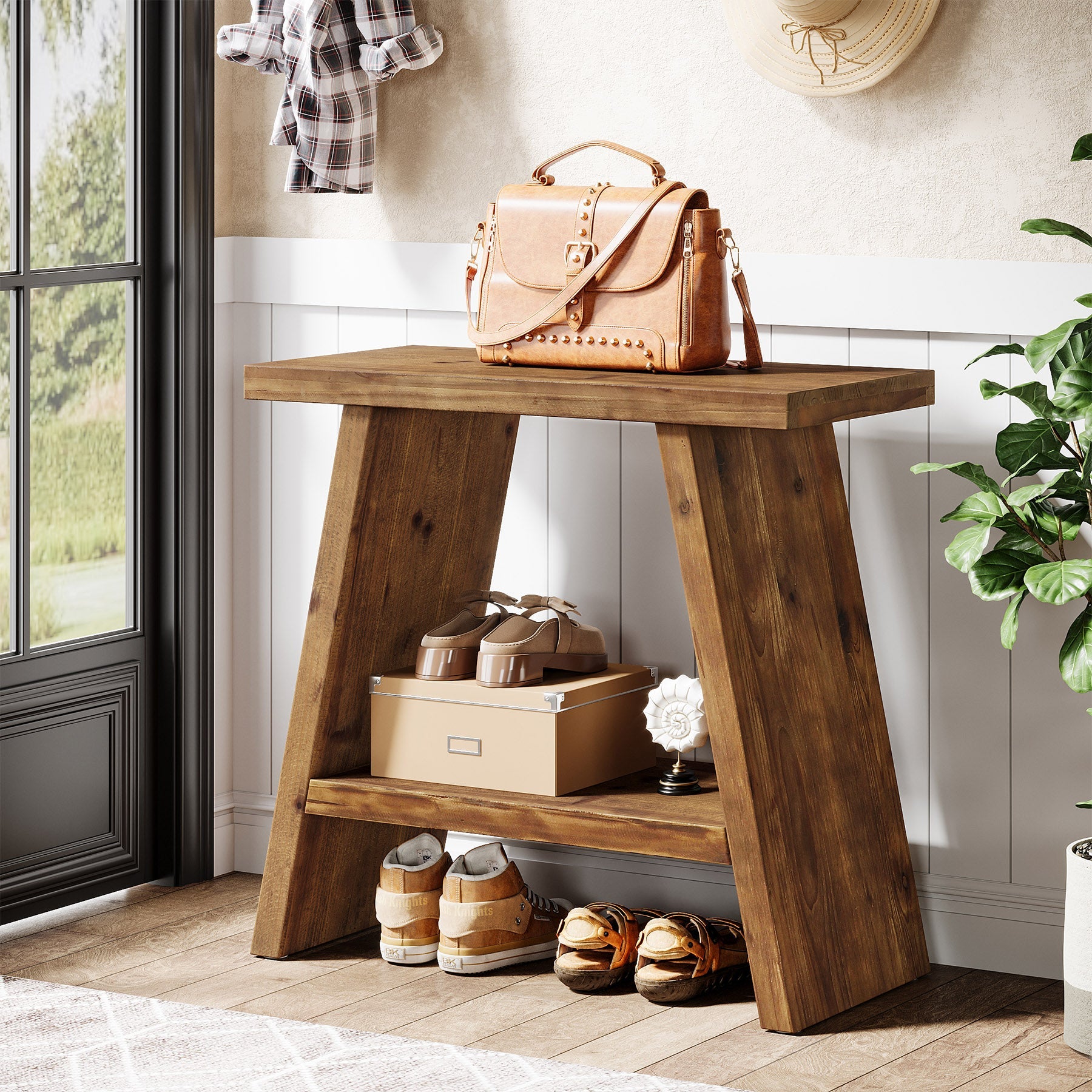 Mesita auxiliar estrecha de madera maciza de 60 x 30 cm con almacenamiento de 2 niveles, Mesita de noche rústica para salón y dormitorio