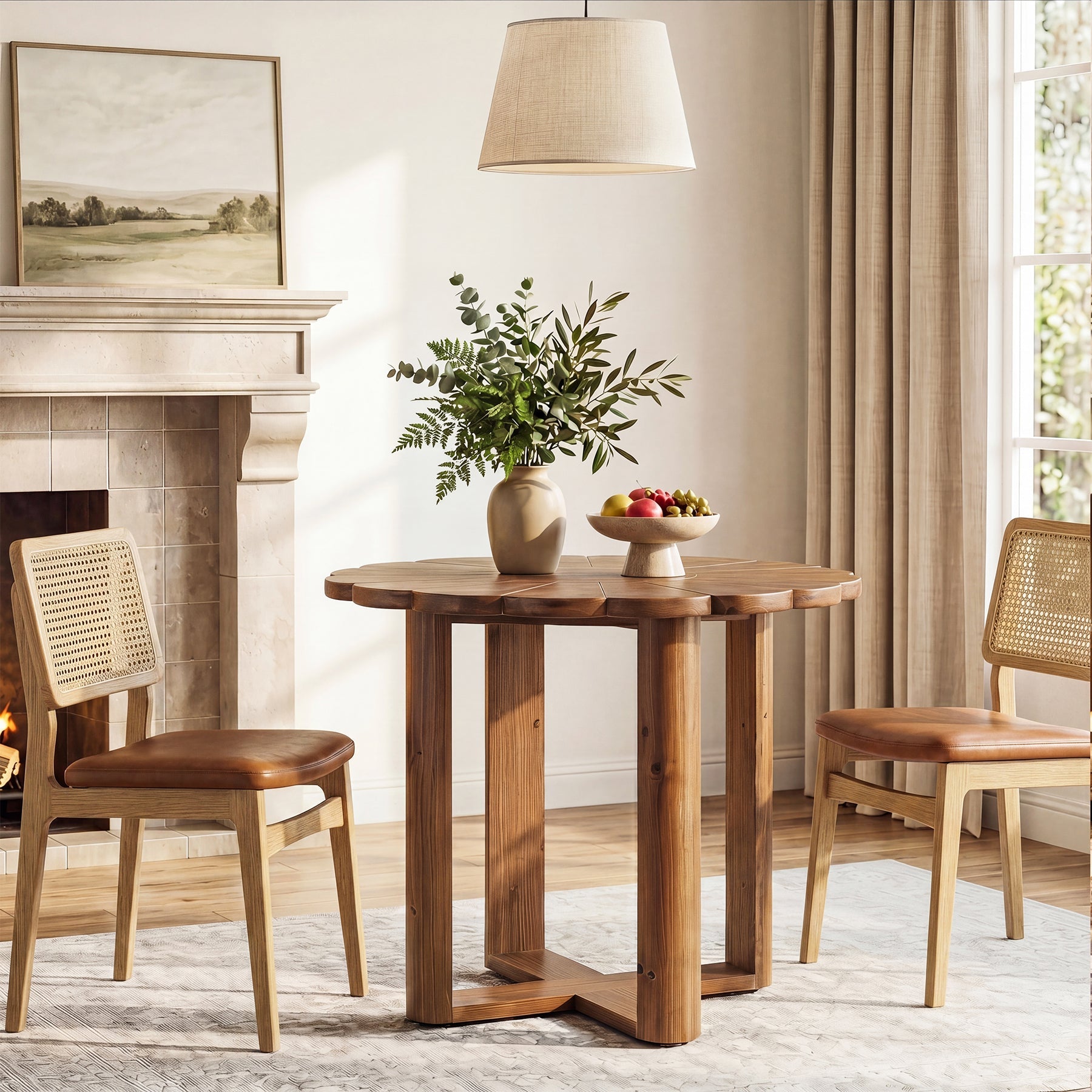 Mesa de comedor redonda de madera maciza de 80 cm para 2-4 personas, Estilo rústico con diseño floral tallado