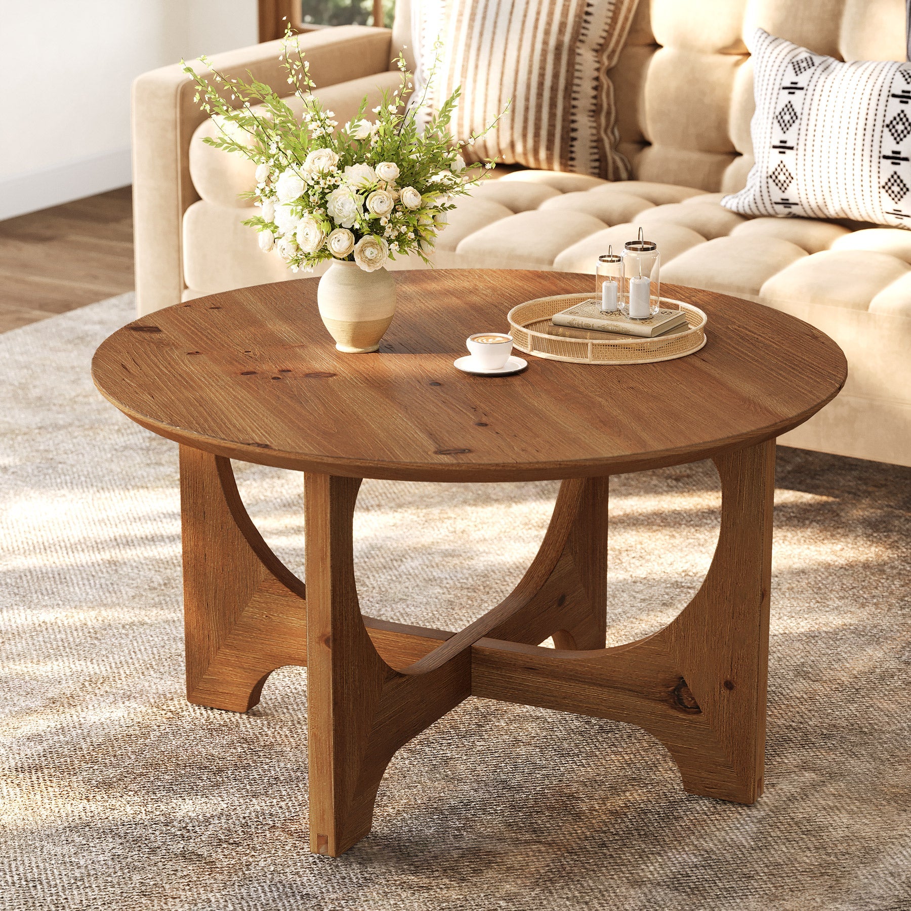 Tribesigns Mesa de centro redonda de madera maciza 80 cm, Mesa de salón de estilo rústico para salas de estar y espacios pequeños